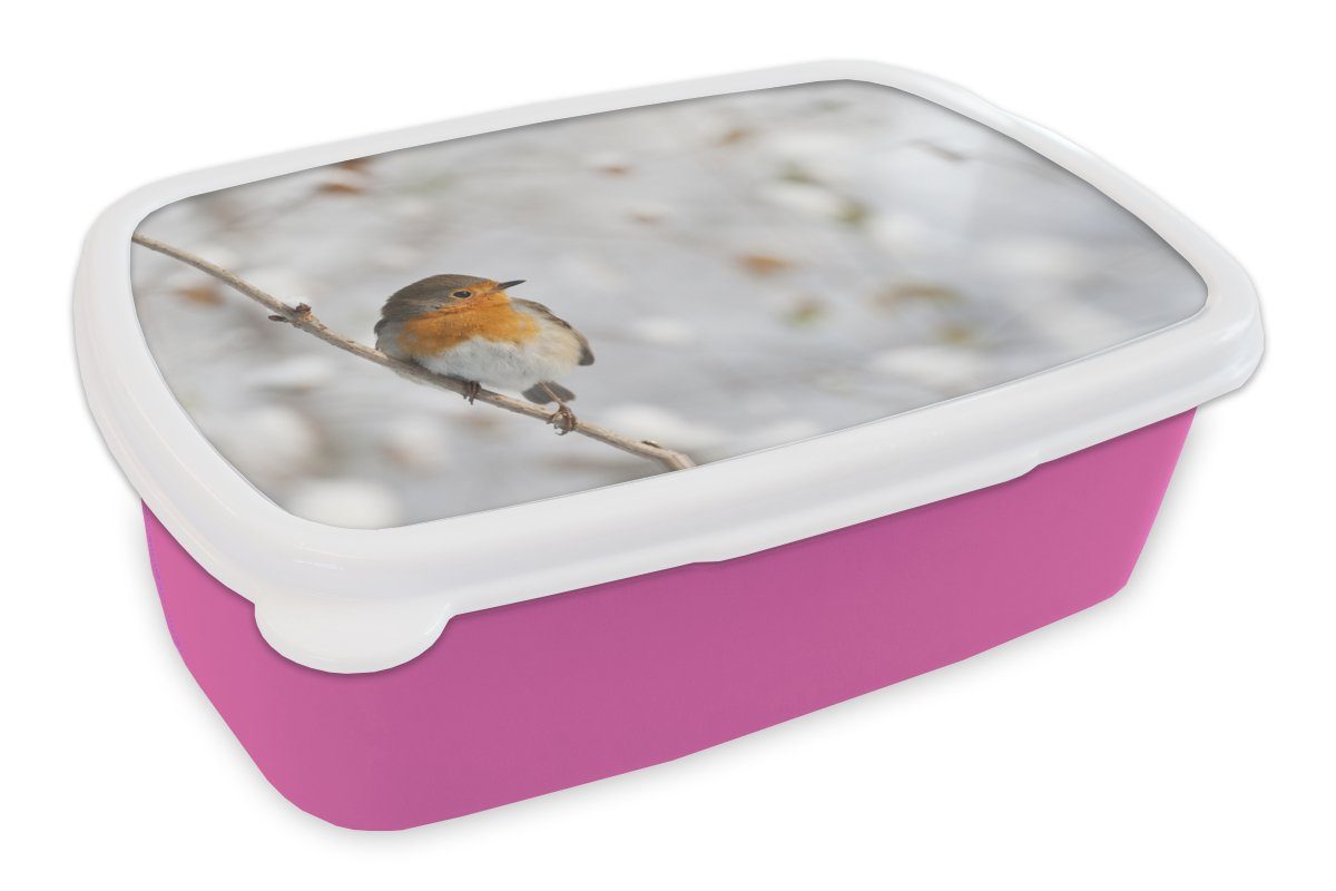 MuchoWow Lunchbox Vogel - Rotkehlchen - Winter, Kunststoff, (2-tlg), Brotbox für Erwachsene, Brotdose Kinder, Snackbox, Mädchen, Kunststoff rosa