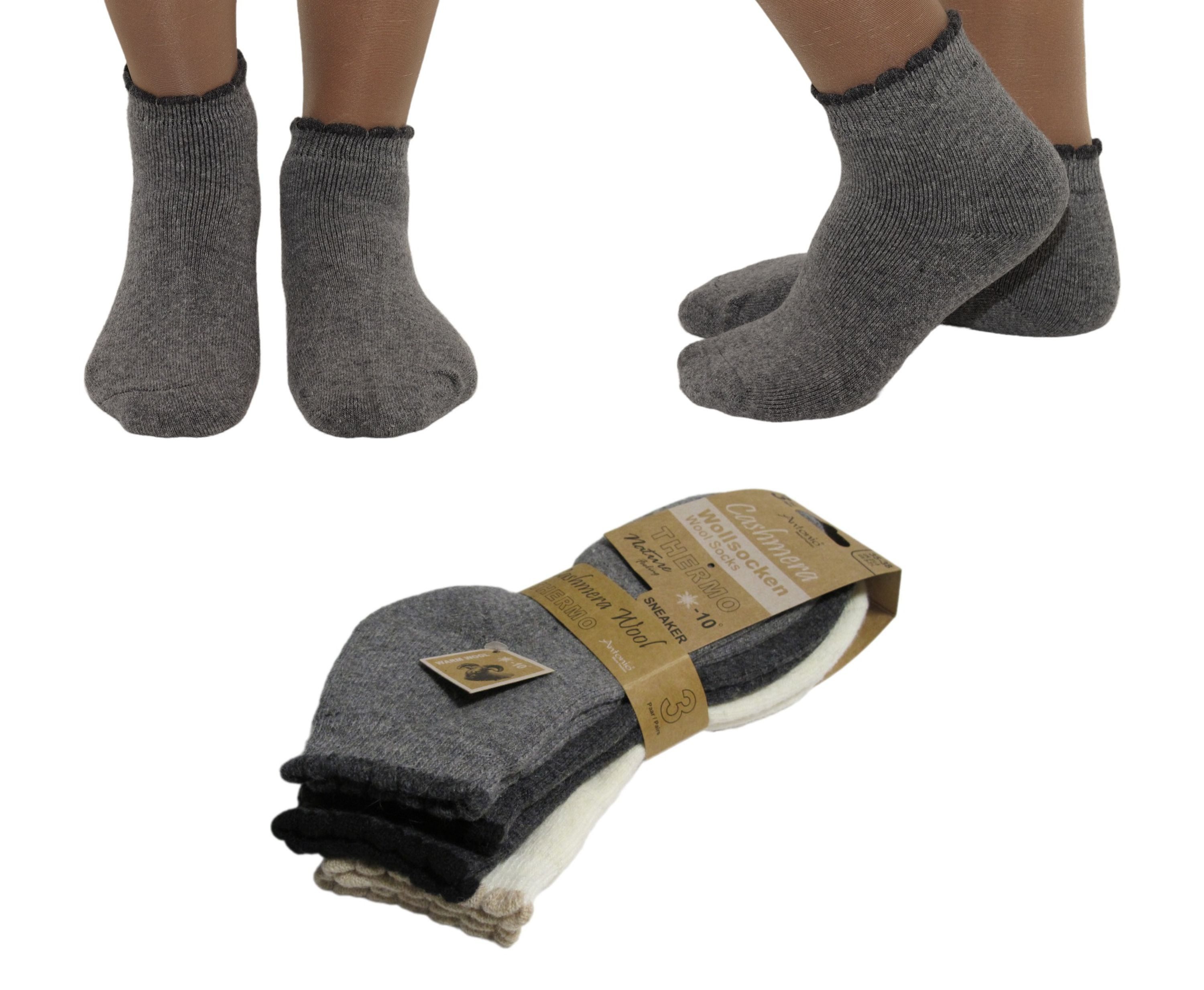 Antonio Thermosocken 3 Paar Wollsocken Socken Damen kurz Thermo Strümpfe Rüschen am Bund