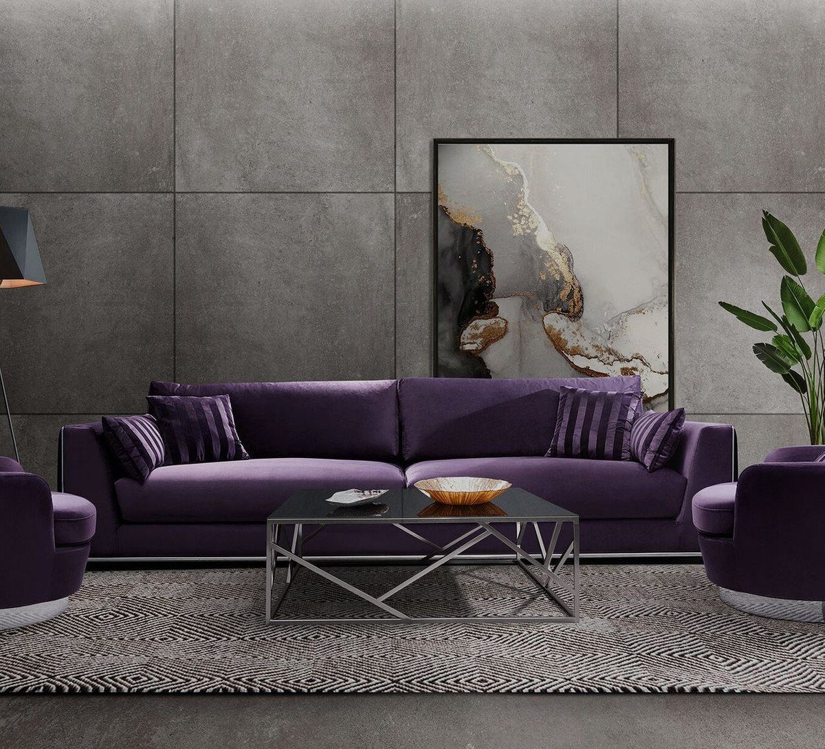 Casa Padrino Sofa Luxus Sofa Lila / Silber 300 x 102 x H. 61 cm - Wohnzimmer Sofa mit dekorativen Kissen - Luxus Wohnzimmer Möbel