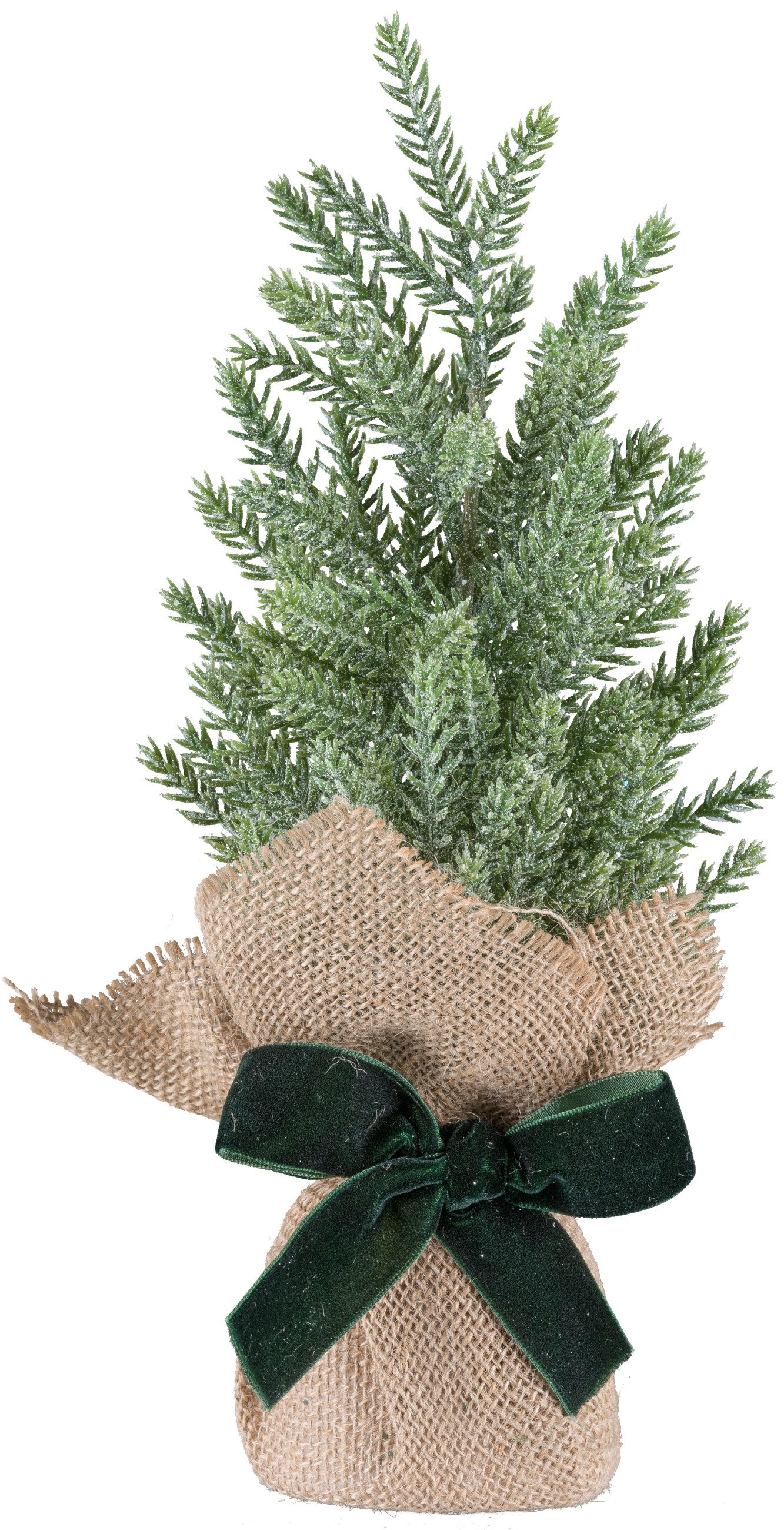 Winterliche Kunstpflanze 2 Koniferenbäumchen im Jutesack, 21 und 27cm hoch, OTTO home, Höhe 27 cm, mit dekorativer Schleife, Weihnachtsdeko mit dezenter Frostop – Bild 2 von 3