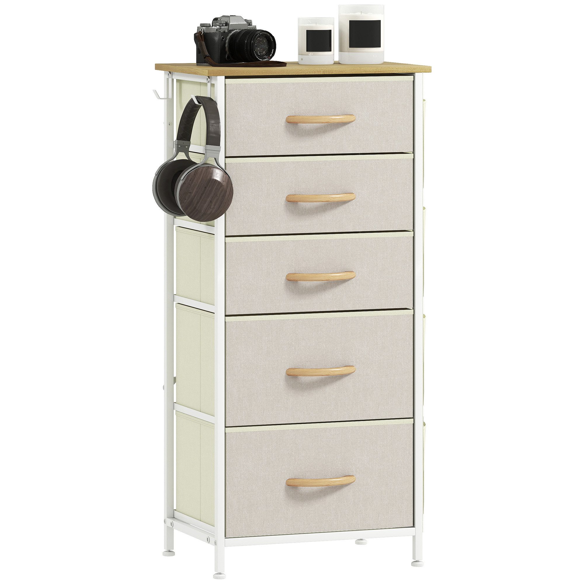 HOMCOM Kommode Aufbewahrungsschrank mit 5 Schubladen aus Vliesstoff (Schrank, 1 St., Schubladenschrank), Kippsicherung, verstellbare Füße, mit Taschen