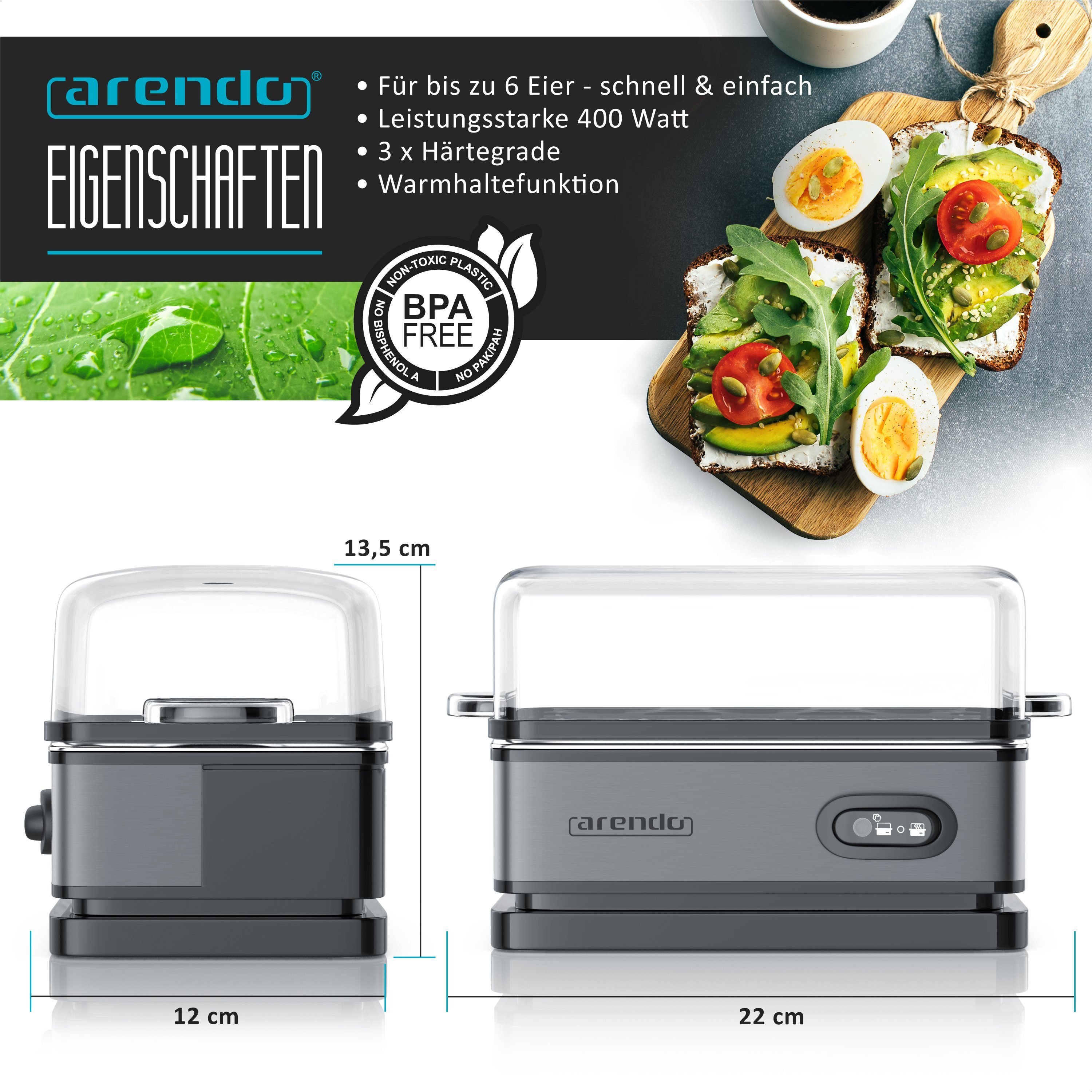 Arendo Eierkocher 6-fach, Edelstahl, mit Warmhaltefunktion, frei wählbarer Härtegrad, Anzahl Eier: 6 St., 400 W, Kipp-Funktionsschalter mit Indikationsleuchte, für bis zu 6 Eier