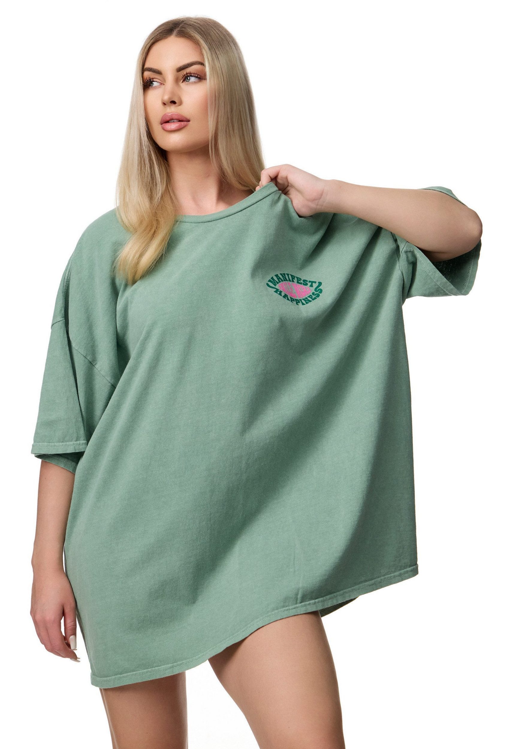 Worldclassca T-Shirt Worldclassca Oversized "Happiness" Print T-Shirt Lang Oberteil Shirt Neue Kollektion - Stilvolle und gemütliche Streetwear Mode