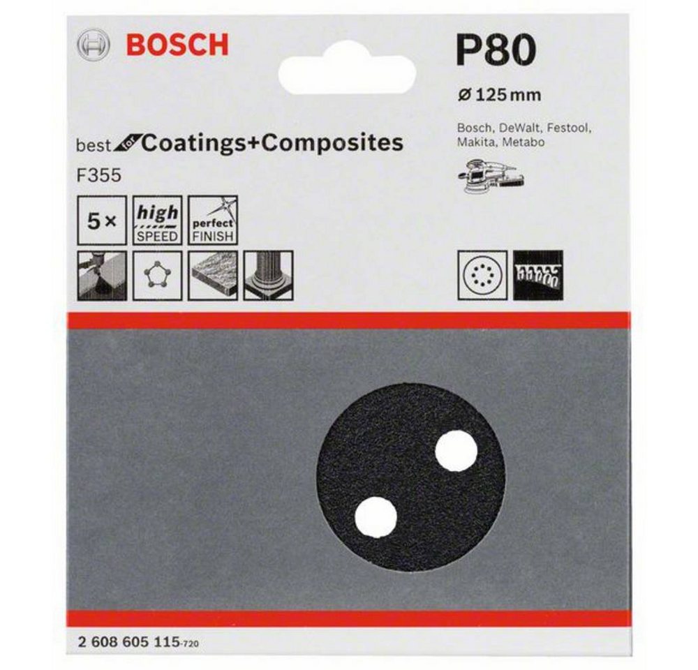 Thumbnail - BOSCH Schleifpapier Schleifblatt F355, 125 mm, 80, 8 Löcher, Klett, mit Klett, gelocht