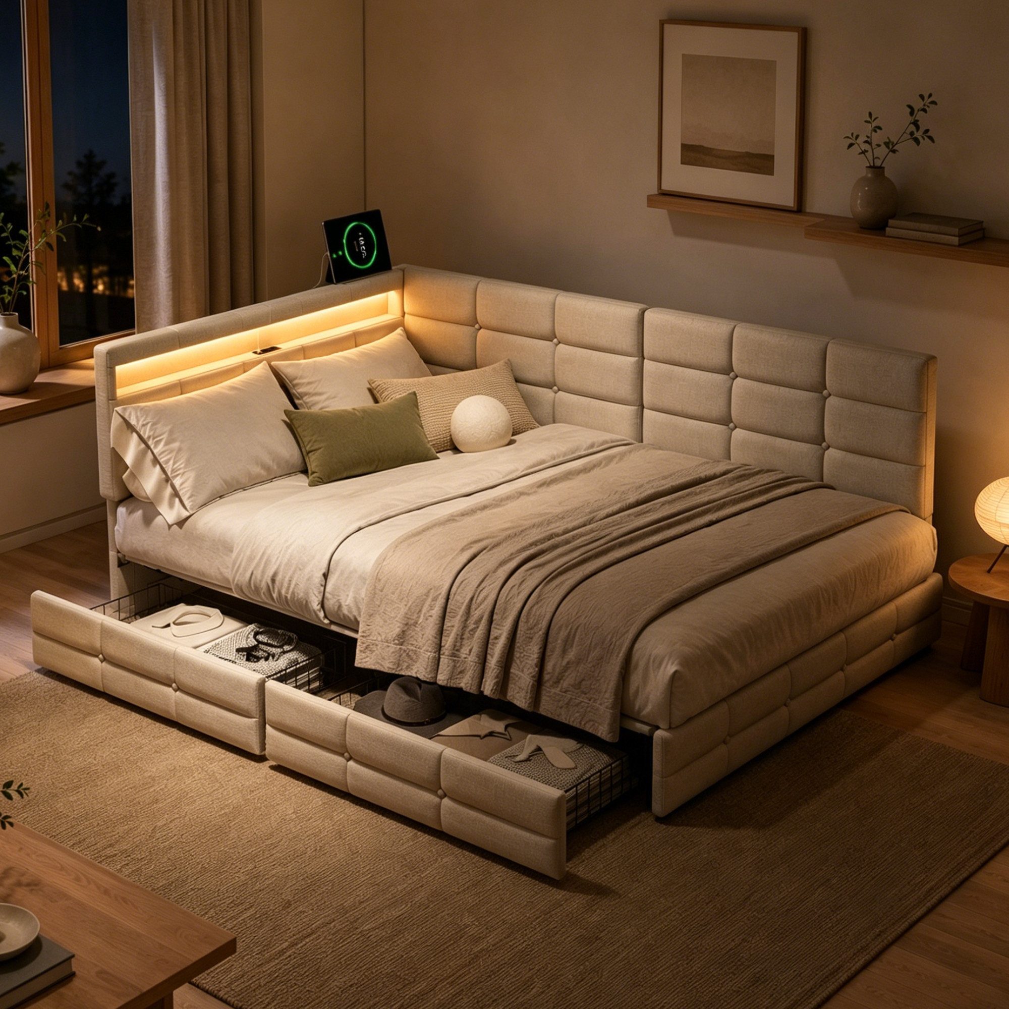 Simurq Polsterbett Daybett mit LED-Beleuchtung & USB, Tagesbett Jugendbett (1-tlg., in 2 Größen verfügbar), Schlafsofa Sofabett mit 2 Schubladen