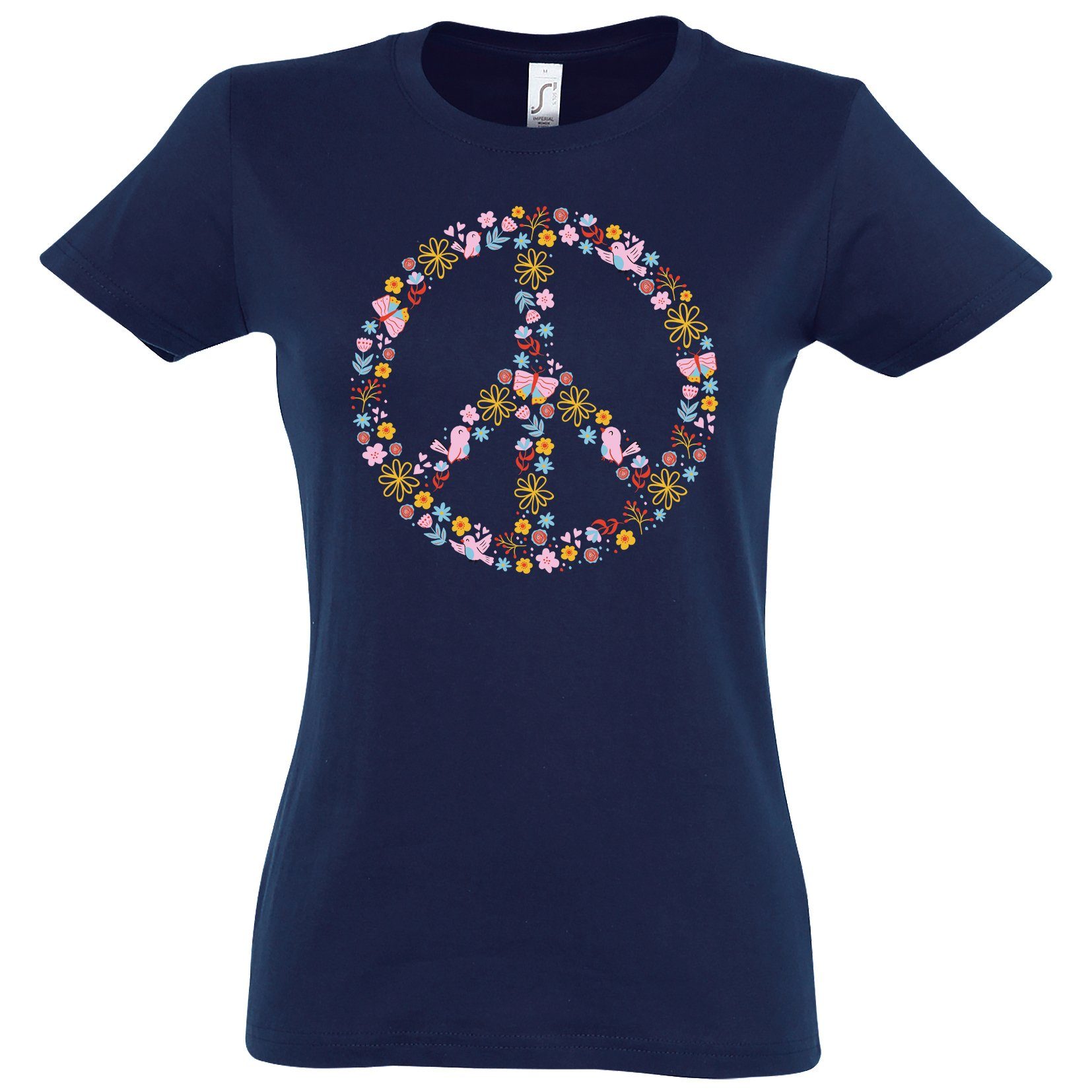 Youth Designz T-Shirt Peace Flowers Damen Shirt mit Trendigem Retro Look Navy