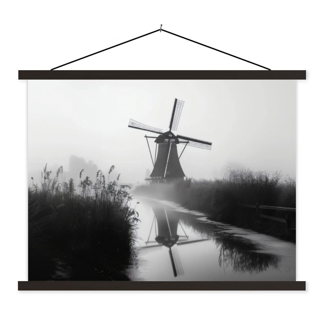 MuchoWow Poster Mühle - Spiegelung - Landschaft - Wasser, (1 St), Magnetische Posterleiste, Holzleisten, Textilposter, 40x30 cm