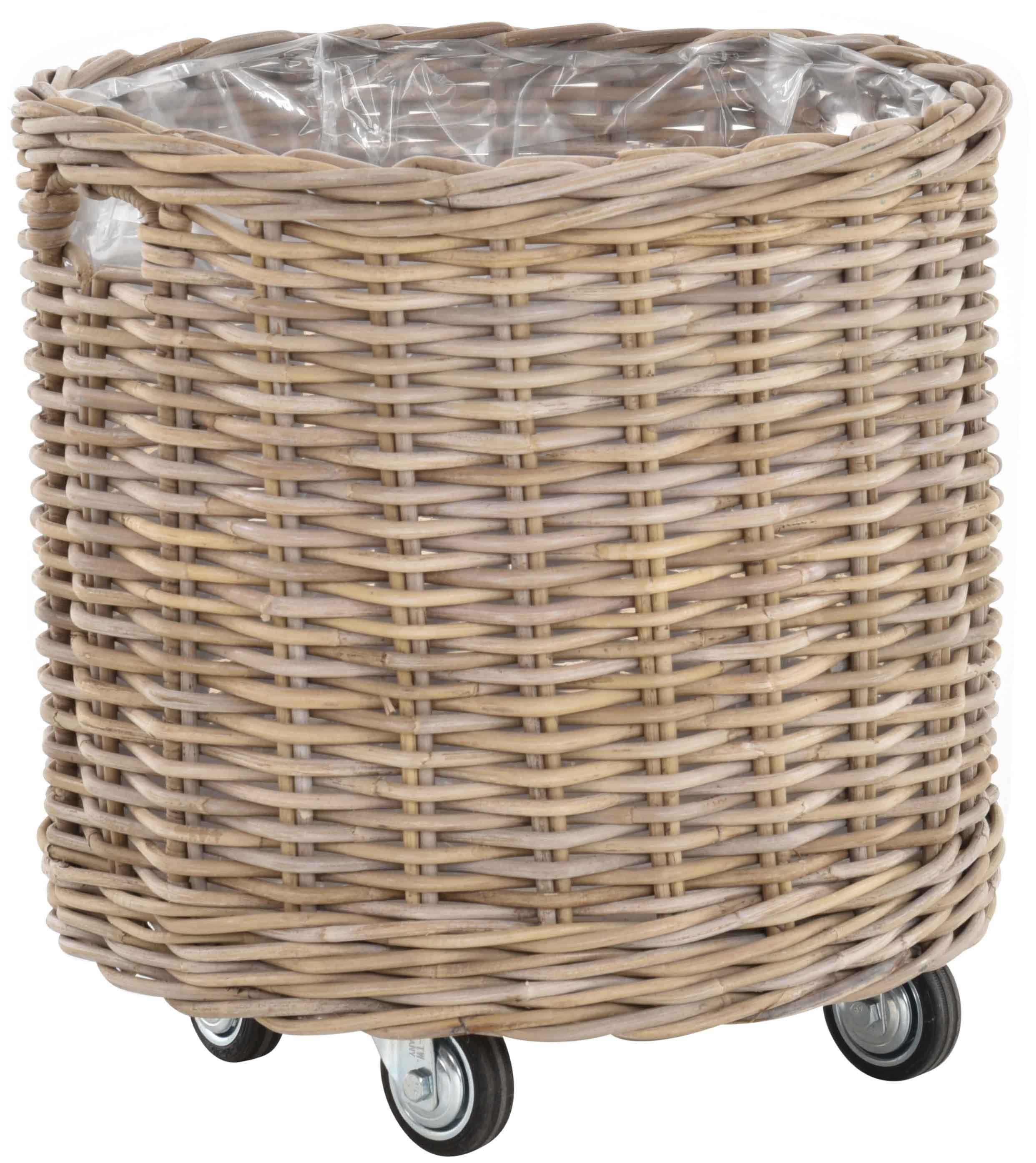Krines Home Allzweckkorb Pflanzkorb groß Rattan XXL Rollkorb Rattankorb Grau Natur Rund, mit Rollen