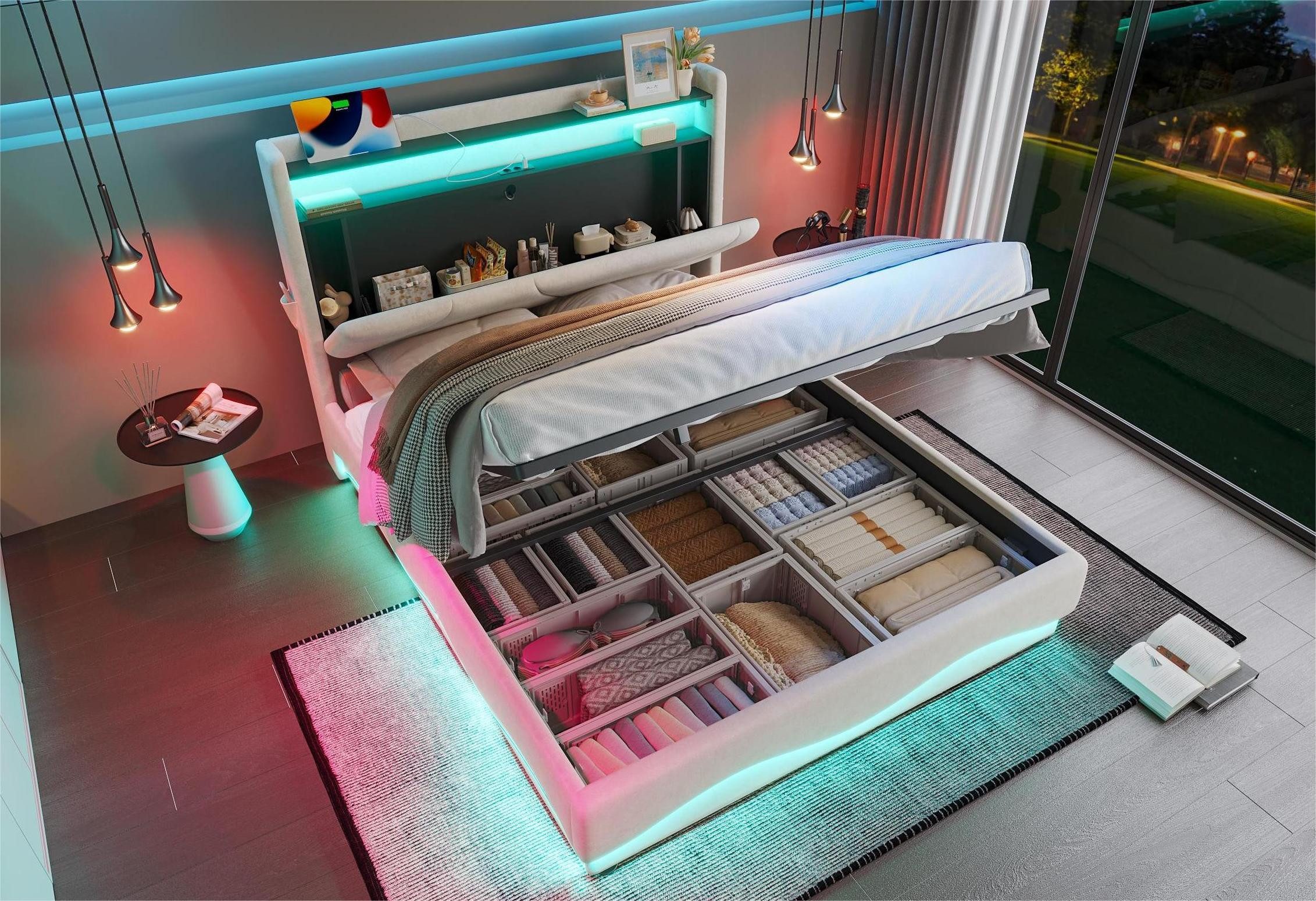 LVHOM Boxbett 140/160x200cm Modernes LED-Polsterbett mit Bettkasten & Lades günstig online kaufen