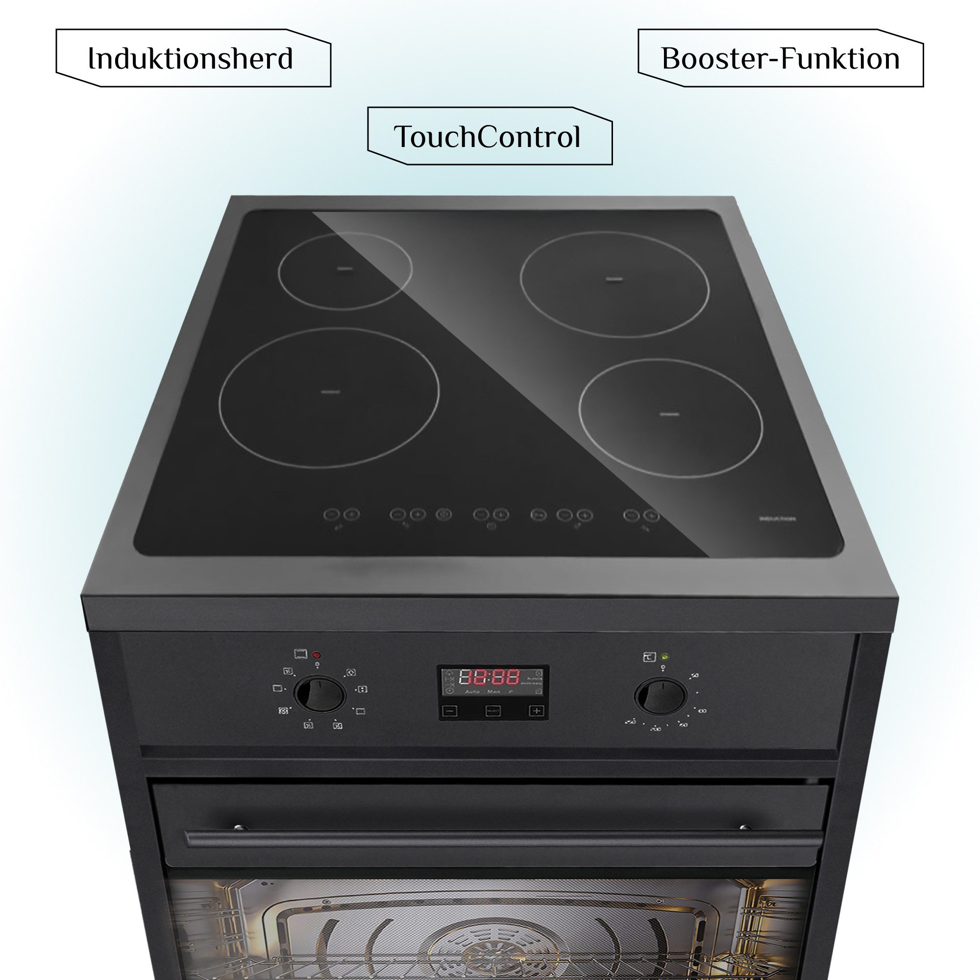GURARI Induktions Herd-Set Induktions-Standherd 60 cm Schwarz Induktionsherd Freistehend mit 4 Boosterkochzonen+Dunstabzugshaube 60 cm, 1000m³/h,Touch Control GCH E 612 BL+GCH 155 BL 60 PRIME N, mit 1-fach-Teleskopauszug