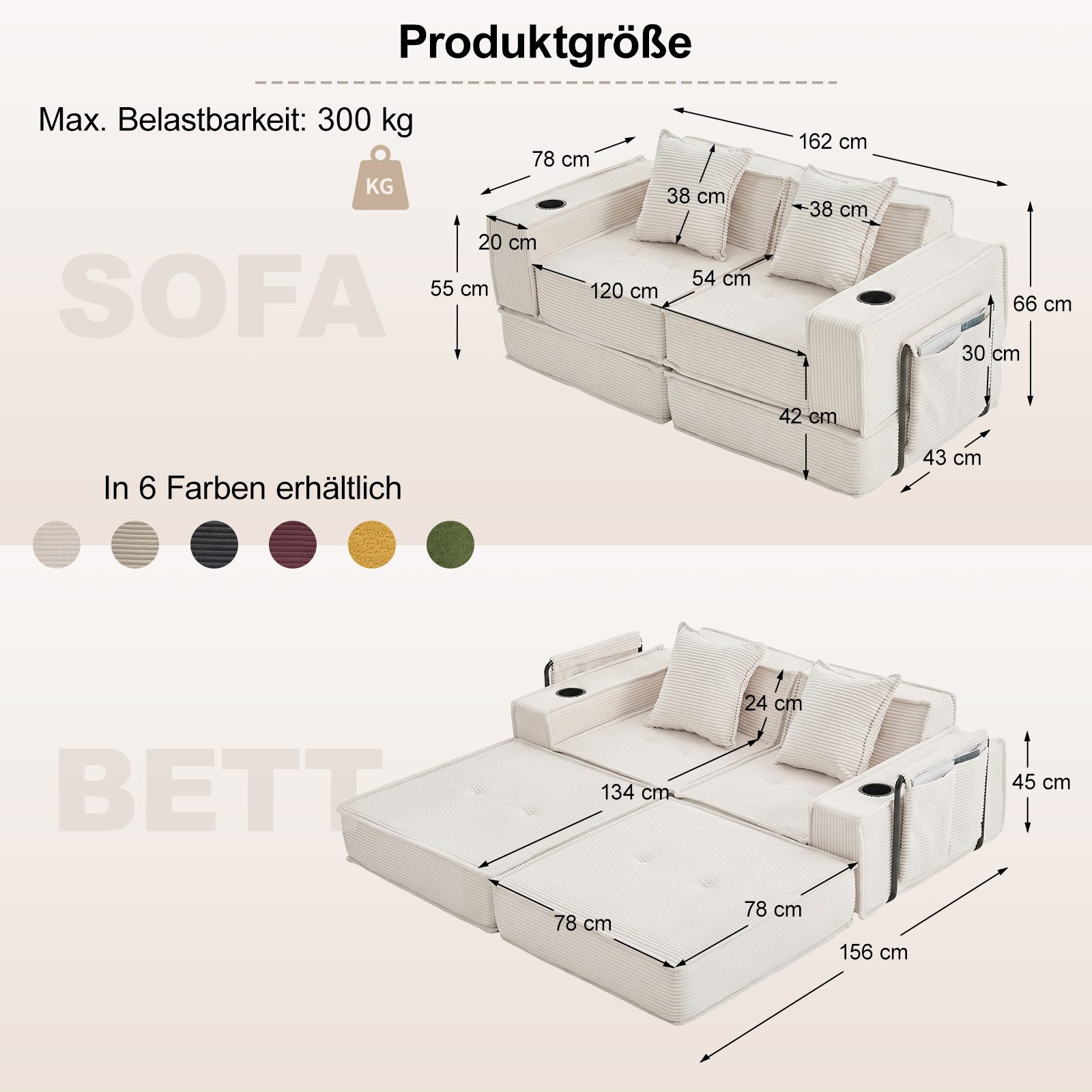 GLP Sofa Modulares Bodensofa 2-Sitzer, Set 5, faltbares Cord-Schlafsofa mit Liegefläche 162x156 cm