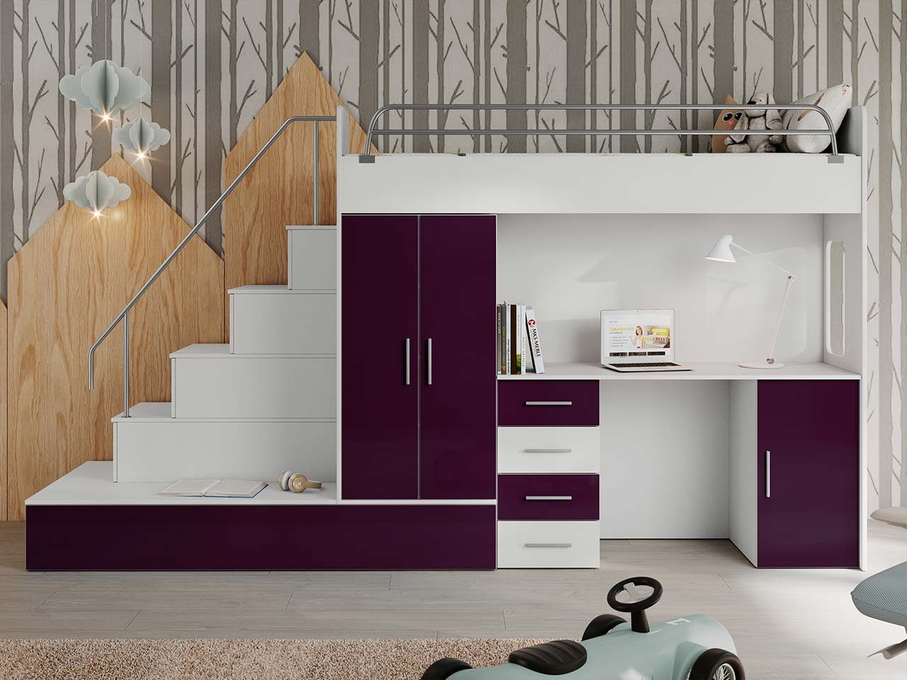 MKS Betten, Jugendbett Betten, Schließfächern), (Zwei einem Schreibtisch, Violett Schrank einem MÖBEL mit Schreibtisch, zwei und Treppe Kleiderschrank, EDEN mit 5