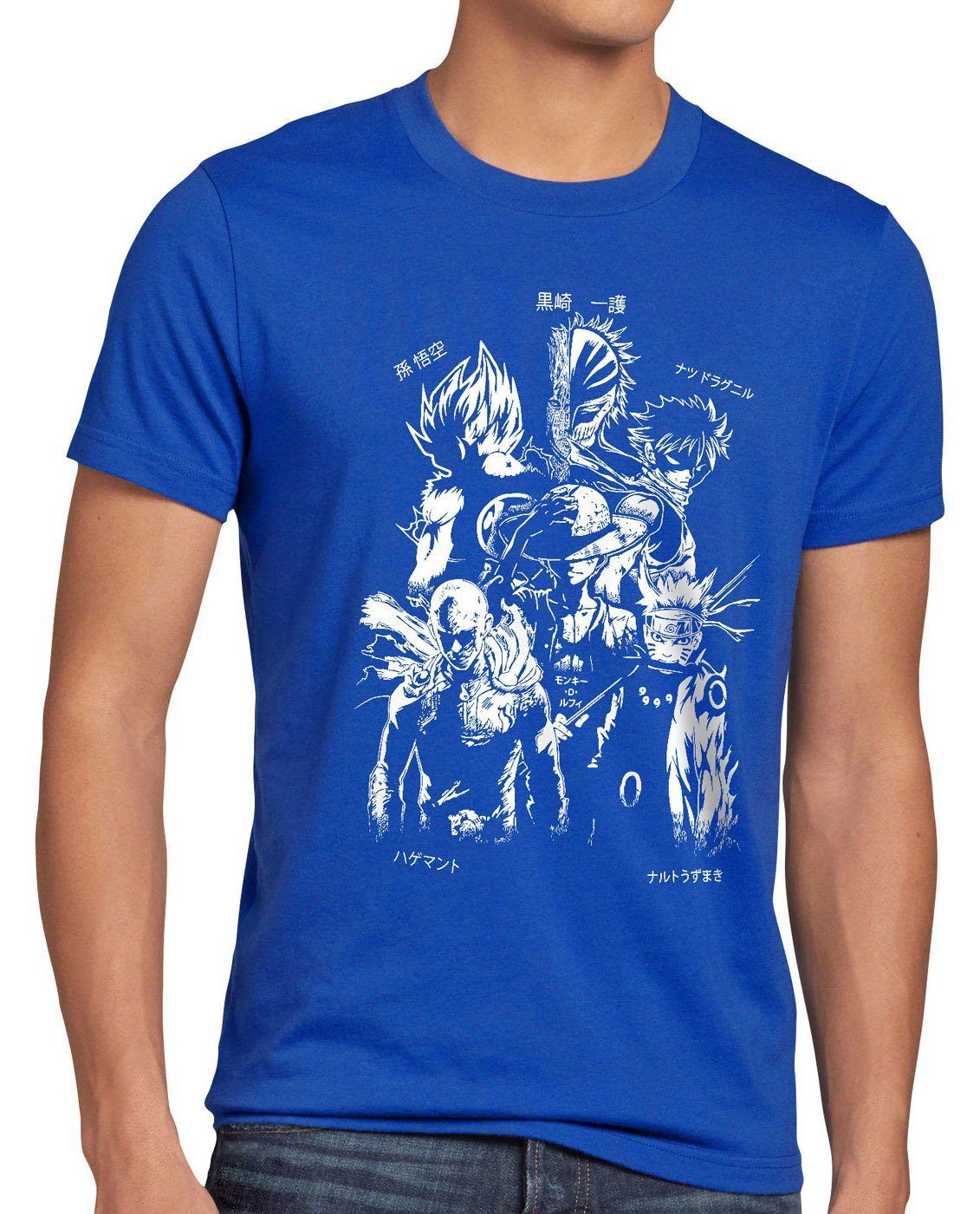 style3 Print-Shirt Herren T-Shirt Anime Heroes goku luffy saitama piece son punch dragon fairy ball blau