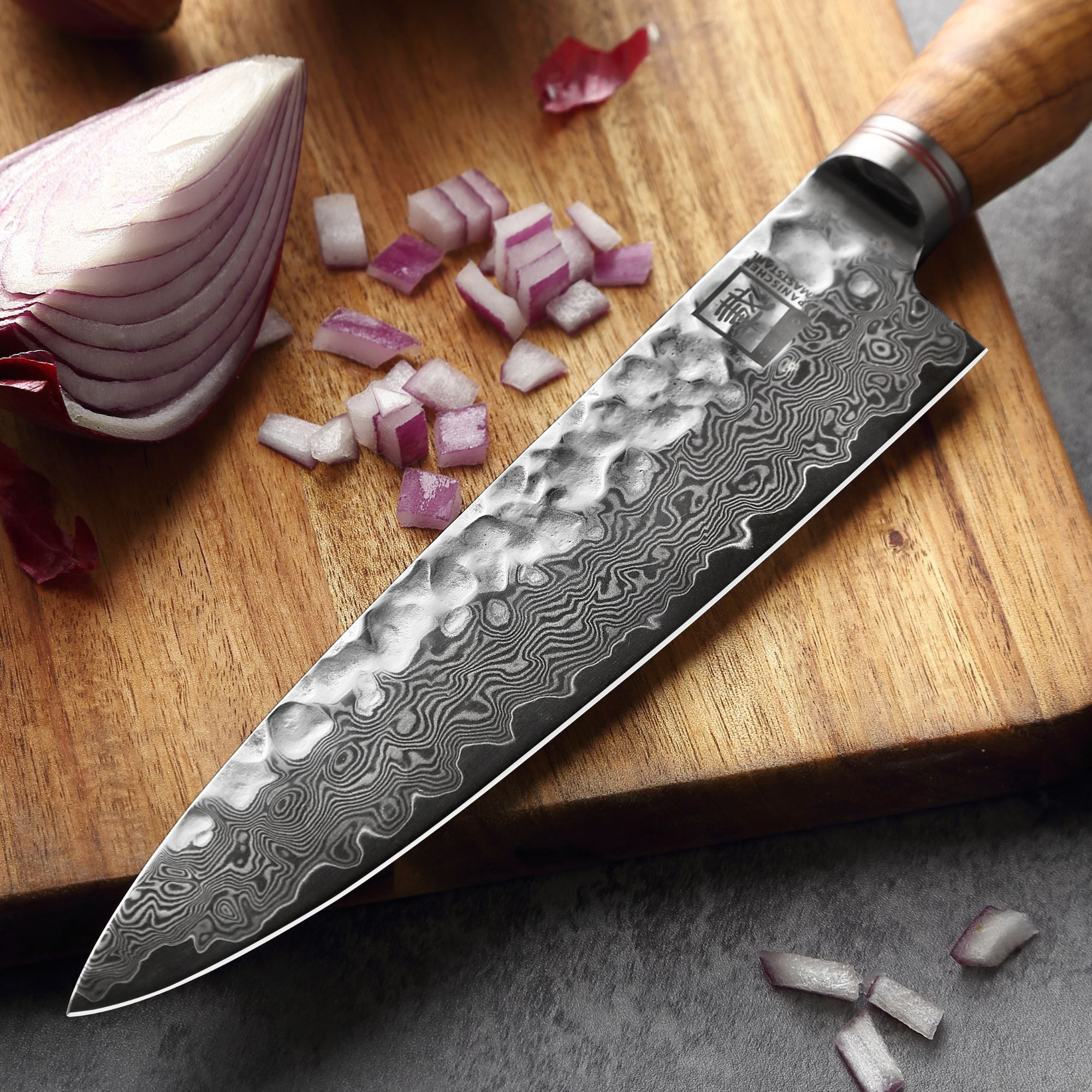 ZAYIKO Universalküchenmesser Minami Damast Guyto Chef Kochmesser 20 cm Klinge Olivenholzgriff, Damaststahl, VG10-Kern, Hammerschlag