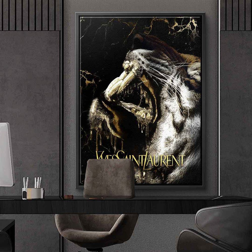 luxury DOTCOMCANVAS® Laurent elegant Leinwandbild Yves tiger edel Saint Leinwandbild, Tiger schwarzer Rahmen schwar