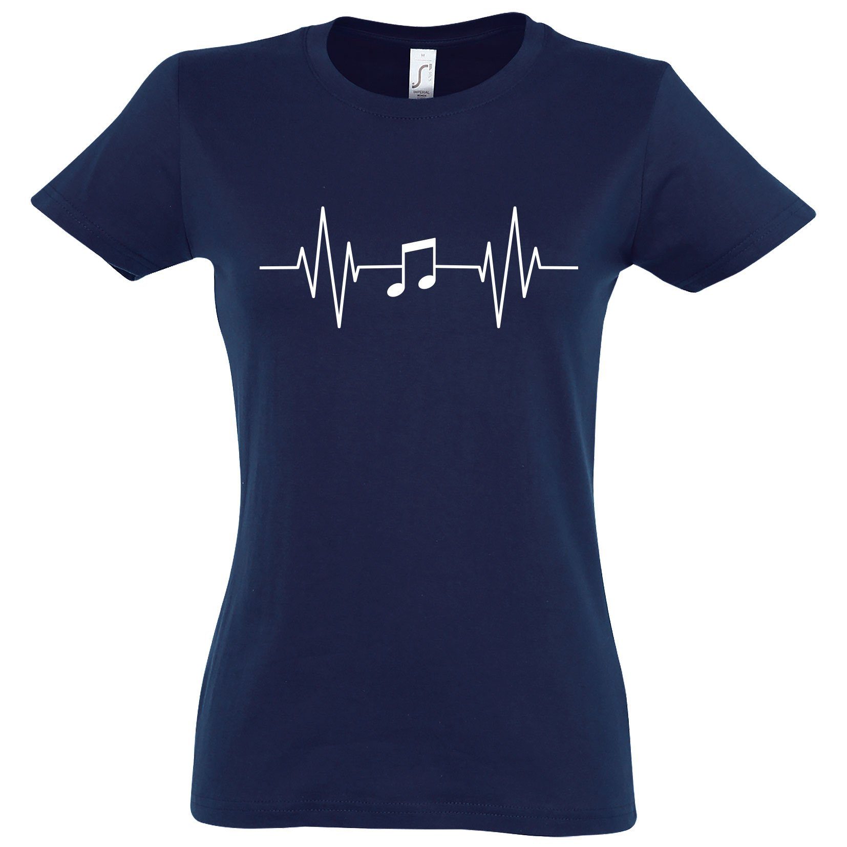 mit Frontprint T-Shirt Designz Youth Music Heartbeat Damen Navy Musik Note Shirt