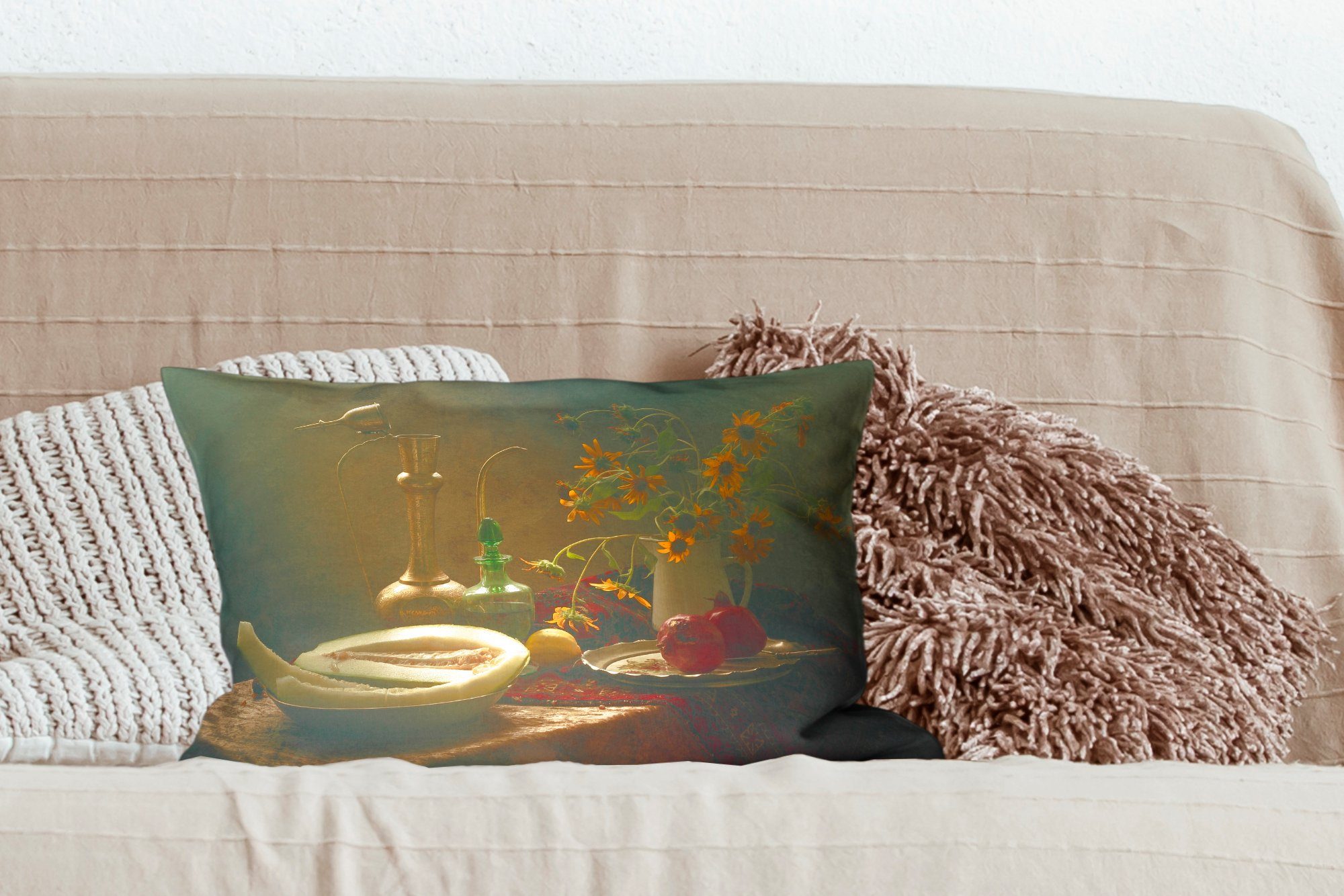 - - Zierkissen, MuchoWow Wohzimmer Dekoration, Füllung, Dekokissen Malerei Stilleben - mit -Kunst Obst - Dekokissen Blitz, Schlafzimmer Sonnenblume