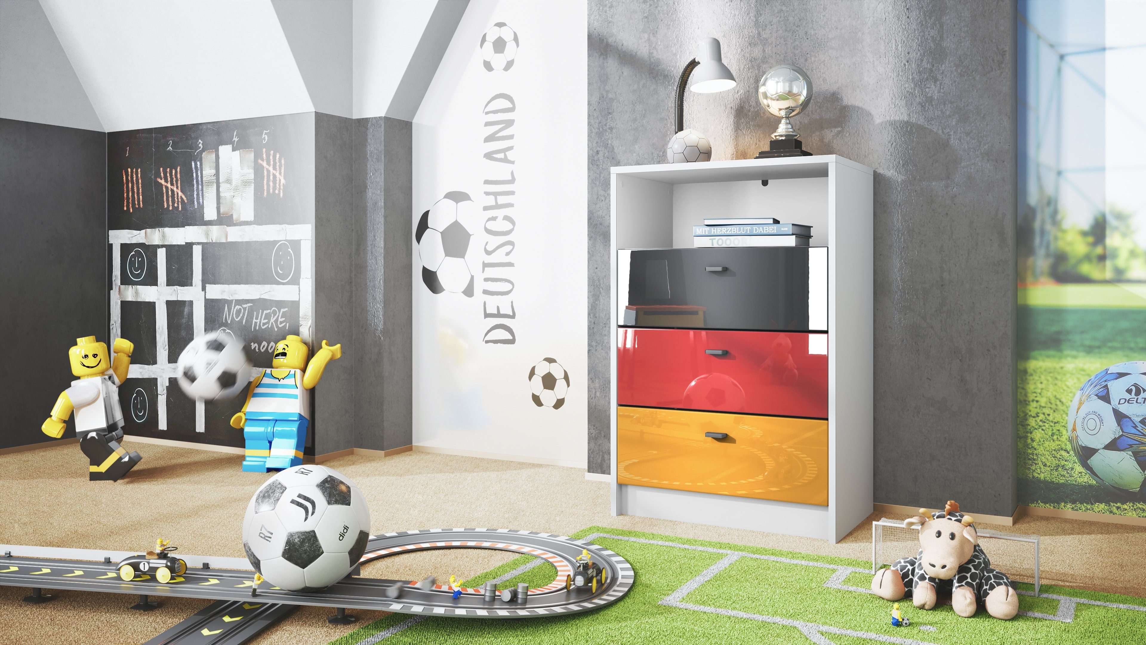 Vladon Kommode Pino V2 (Anrichte, mit 3 Schubladen), Fußball Deutschland - Schwarz, Rot & Gold Hochglanz (56x86,5x36 cm)