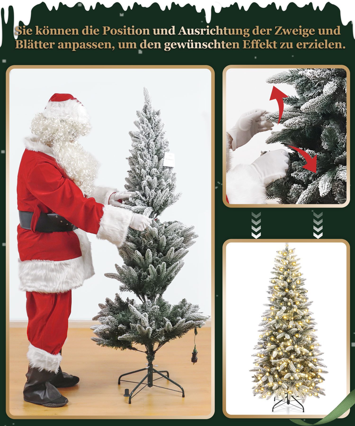 Yorbay Künstlicher Weihnachtsbaum Künstlicher Slim Tannenbaum aus PE und PVC, mit LED Beleuchtung, 180 / 210 cm auswählbar, mit Ständer, Schneeflocken, Schlanke – Bild 4 von 5