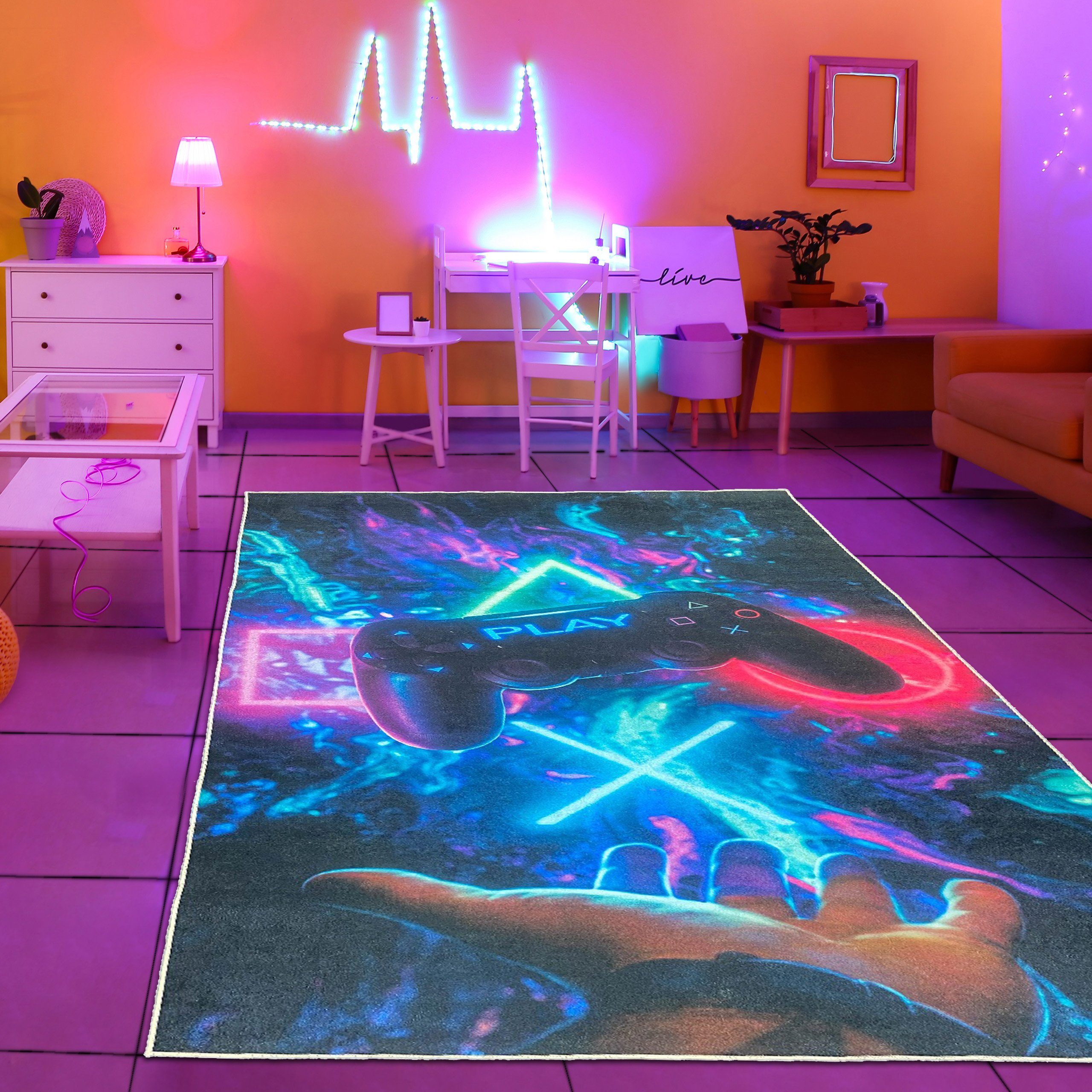 TeppichHome24 Kinderteppich Gaming Teppich mit neonfarbigen günstig online kaufen