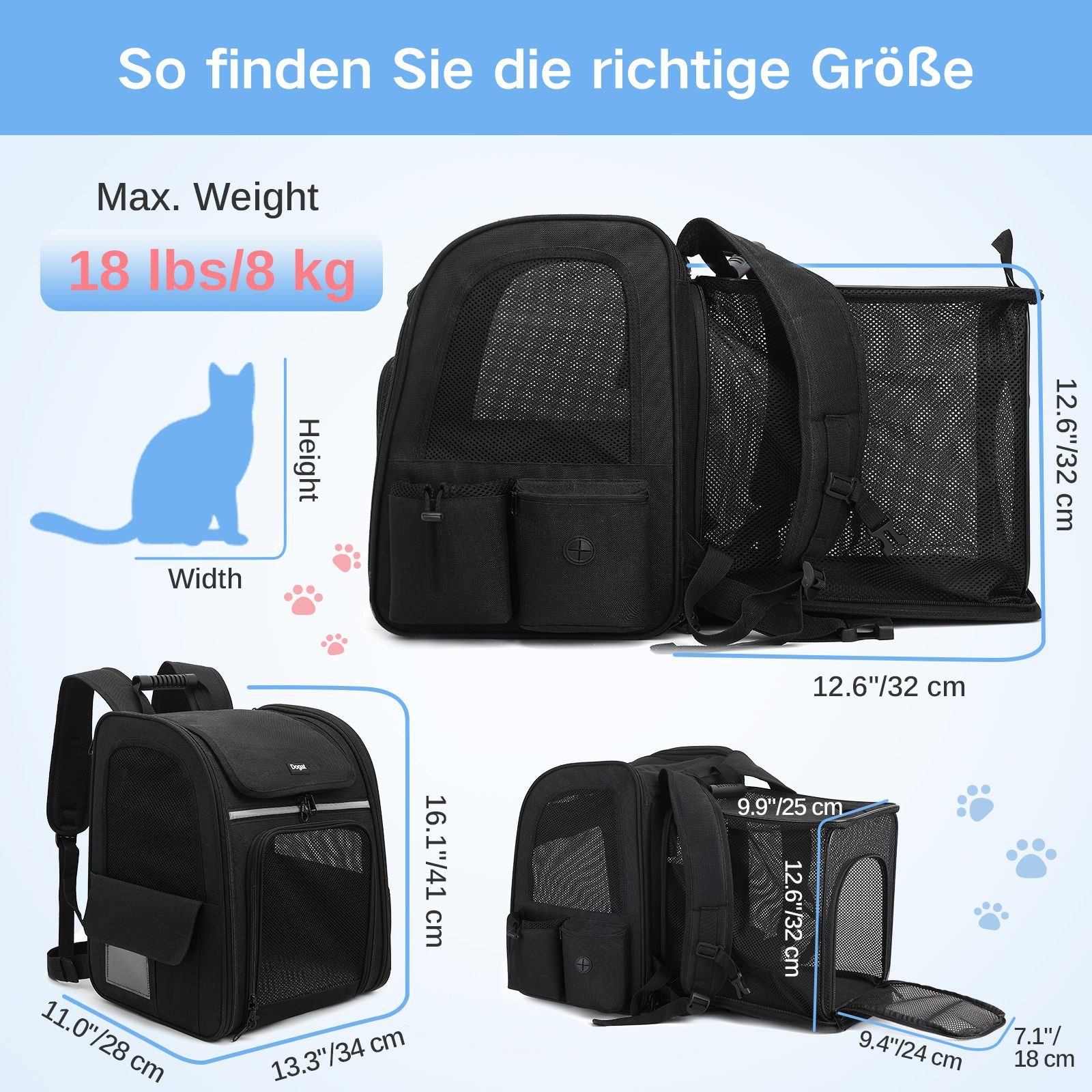 Dogat Tiertransporttasche Tiertransporttasche mit Mesh-Fenstern XXL Katzenrucksack – Faltbar bis 8 kg, BxTxH: 28 x 34 x 41 cm erweiterbar katzenrucksack für Hunde, Katzen