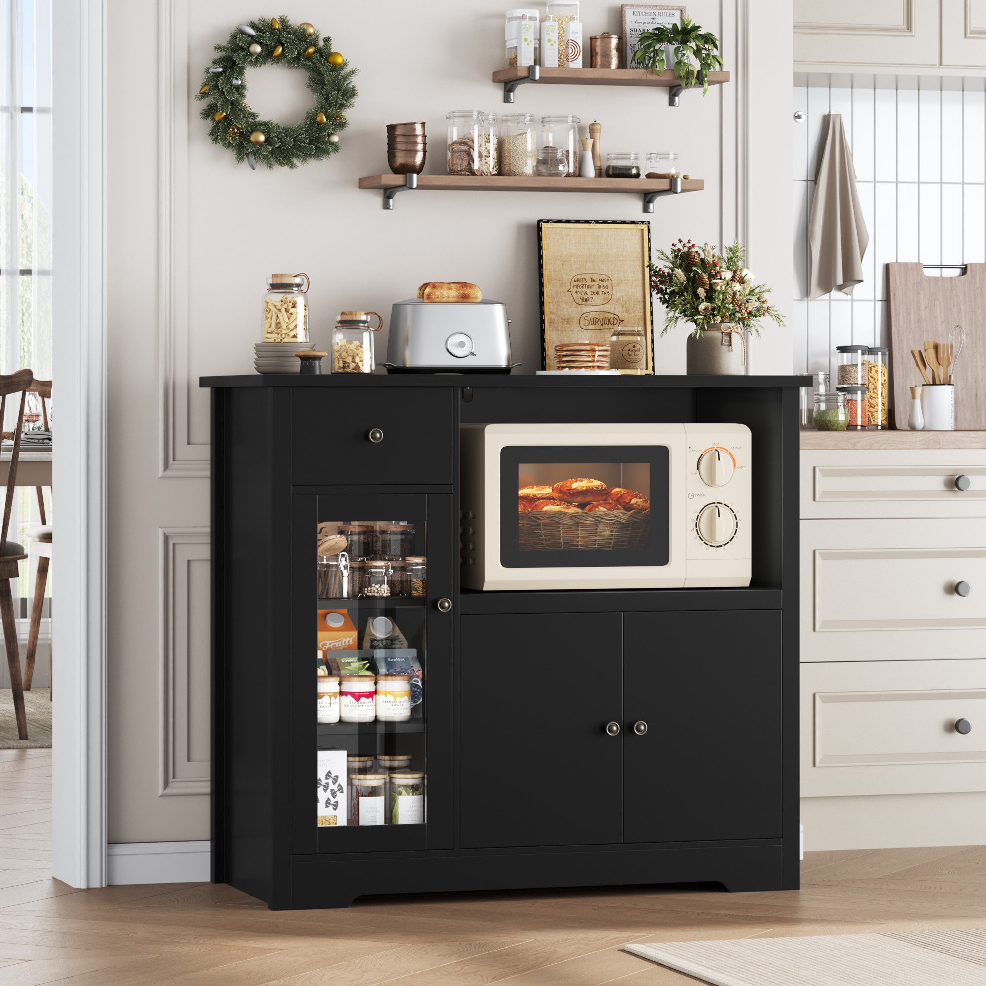 HOMECHO Buffet Küchenschrank weiß Mikrowellenregal mit Schubladen Ablagen – Bild 3 von 5