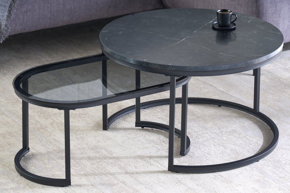 70cm Metall · ELEGANCE Industrial · Marmor-Optik Design (Set, grau / · Wohnzimmer schwarz 2-St), riess-ambiente Glas Couchtisch ·