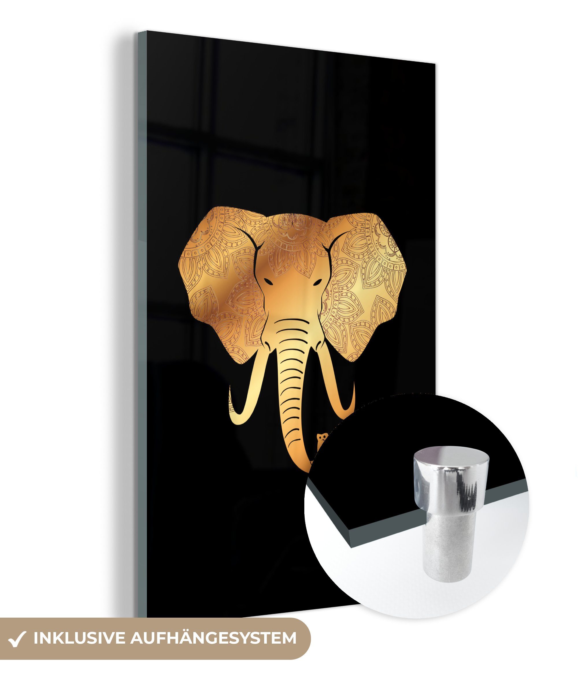 MuchoWow Acrylglasbild Elefant - Gold - Muster, (1 St), Glasbilder - Bilder auf Glas Wandbild - Foto auf Glas - Wanddekoration
