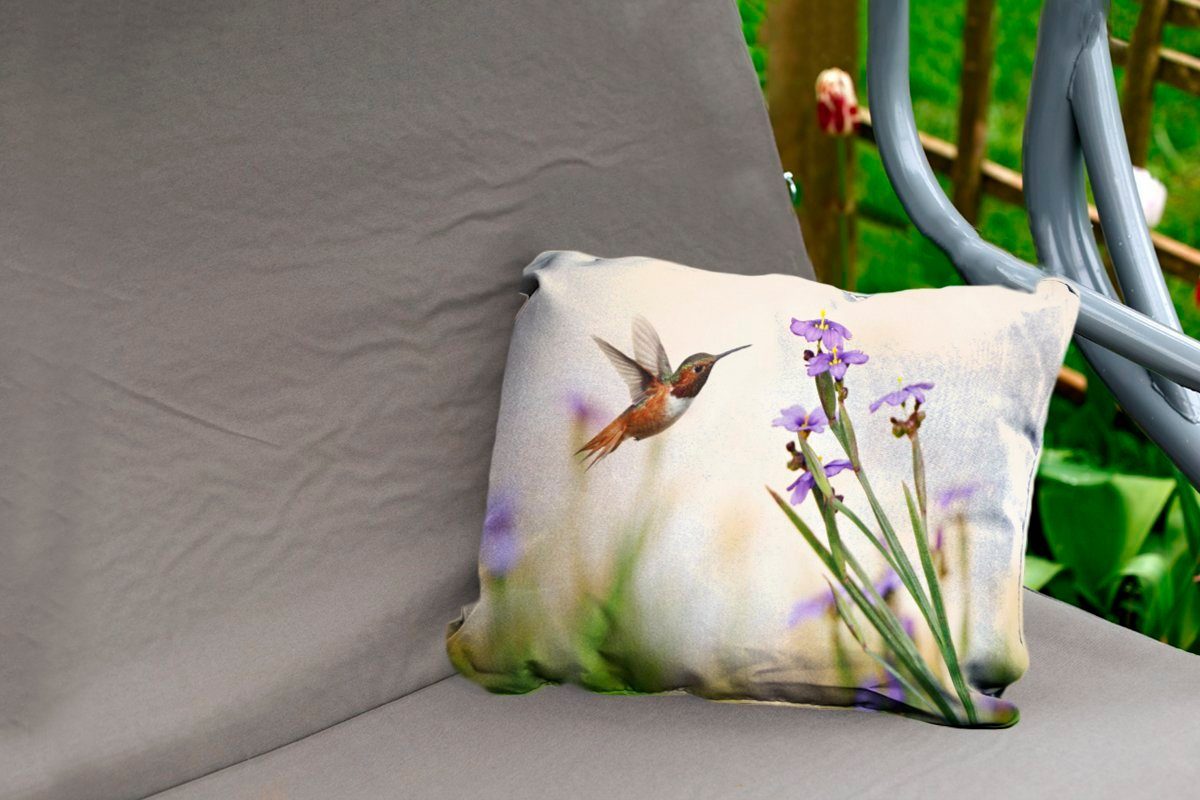 Kolibri Outdoor-Dekorationskissen, Blumen Kissenhülle Lila, - Polyester, Dekokissenbezug, Vogel - Dekokissen MuchoWow -