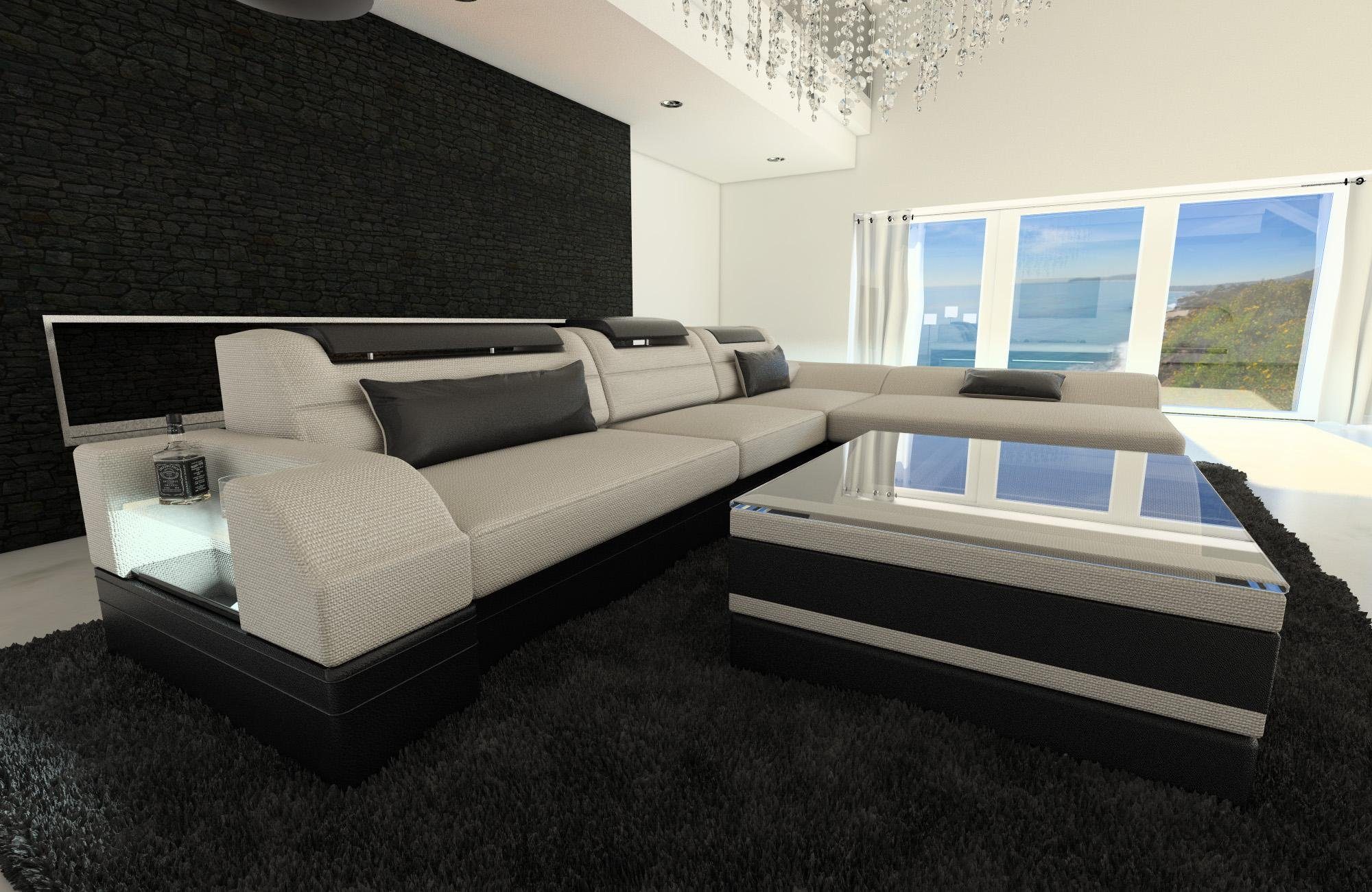 Sofa Dreams Ecksofa Stoffsofa H1 Bettfunktion, Couch LED, L ausziehbare Elfenbein-Schwarz mit Form, Polstersofa Designersofa Monza Stoff