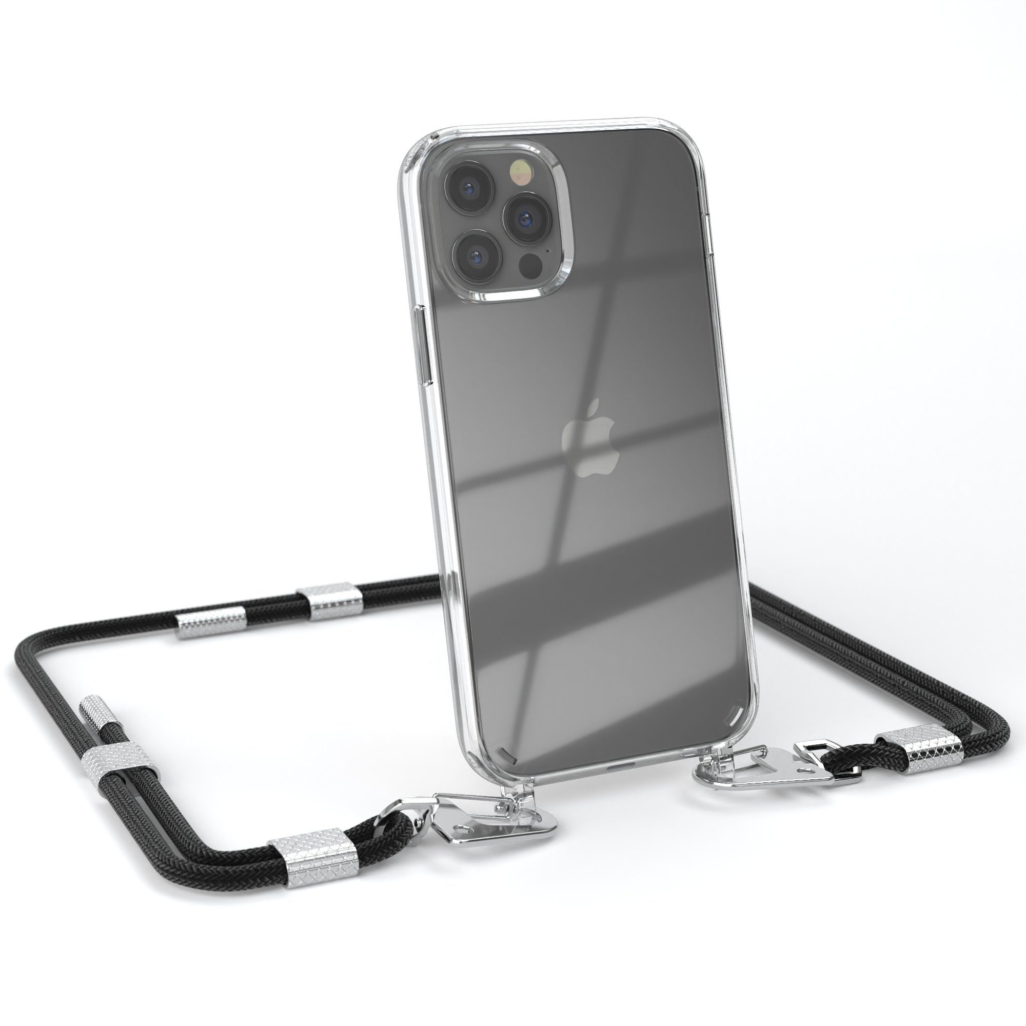 EAZY CASE Handykette Silikonhülle mit Kette für iPhone 12 iPhone 12 Pro 6,1 Zoll, Ketten Hülle Transparent Case Kettenhülle abnehmbare Kordel Schwarz