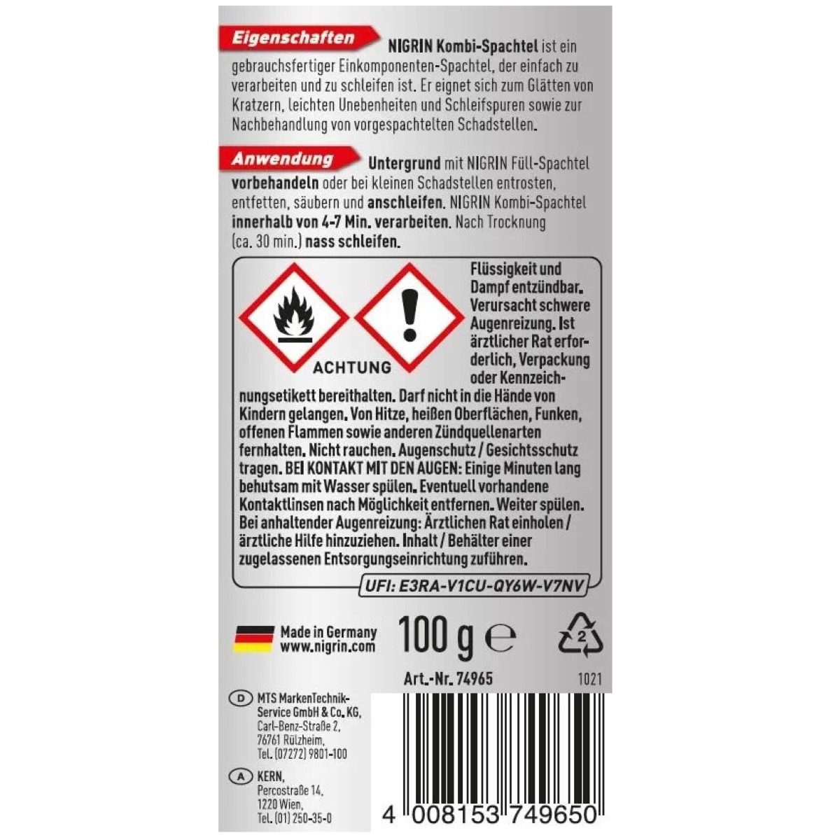 NIGRIN Spachtelmasse Kombi-Spachtel 100g Glättspachtel Reparatur, Spachtel Spachtelmasse Auto Schleifspuren Füll-Spachtel Einkomponenten