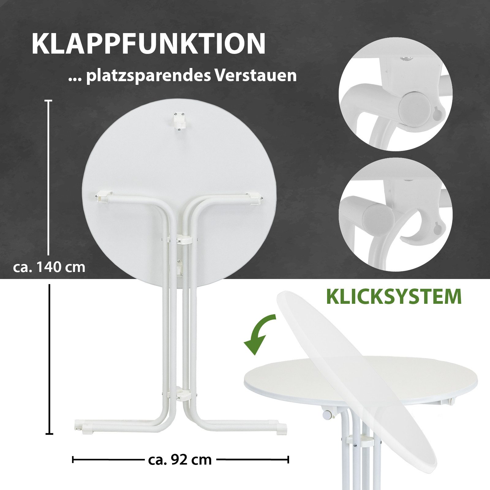 TRUTZHOLM Stehtisch klappbar Ø 80 cm Höhe 110 cm Stahl MDF-Holz Bistrotisch in Weiß (1er)