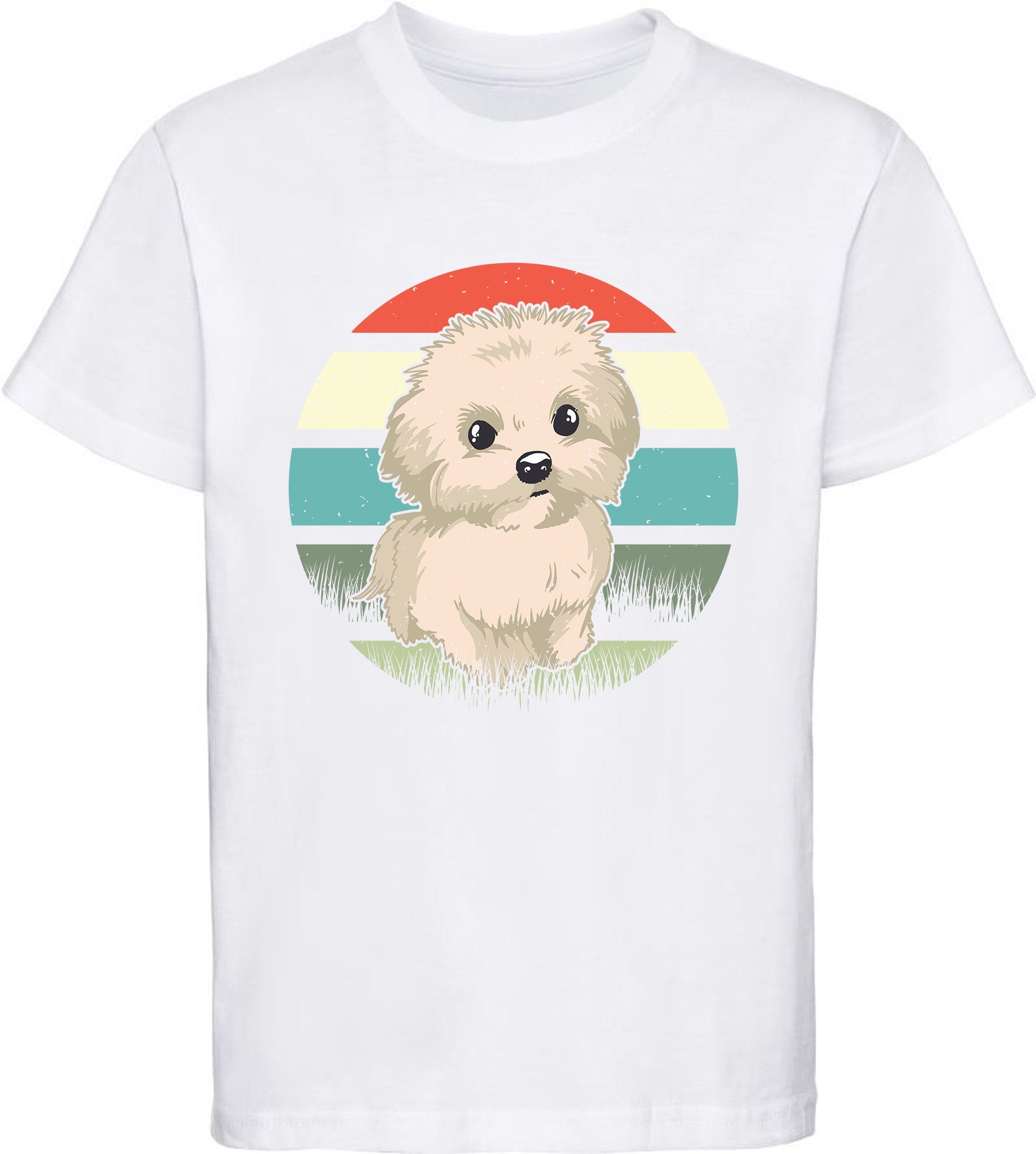 MyDesign24 Print-Shirt Kinder Hunde T-Shirt bedruckt - Retro Malteser Welpen Baumwollshirt mit Aufdruck, i242 weiss | T-Shirts