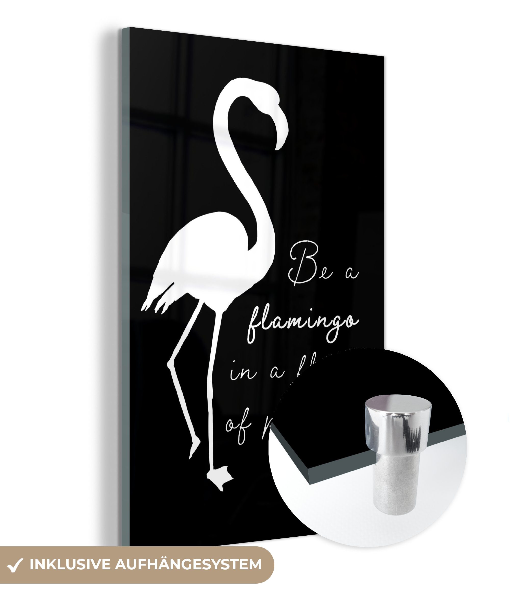 MuchoWow Acrylglasbild Flamingo - Schwarz - Weiß, (1 St), Glasbilder - Bilder auf Glas Wandbild - Foto auf Glas - Wanddekoration bunt