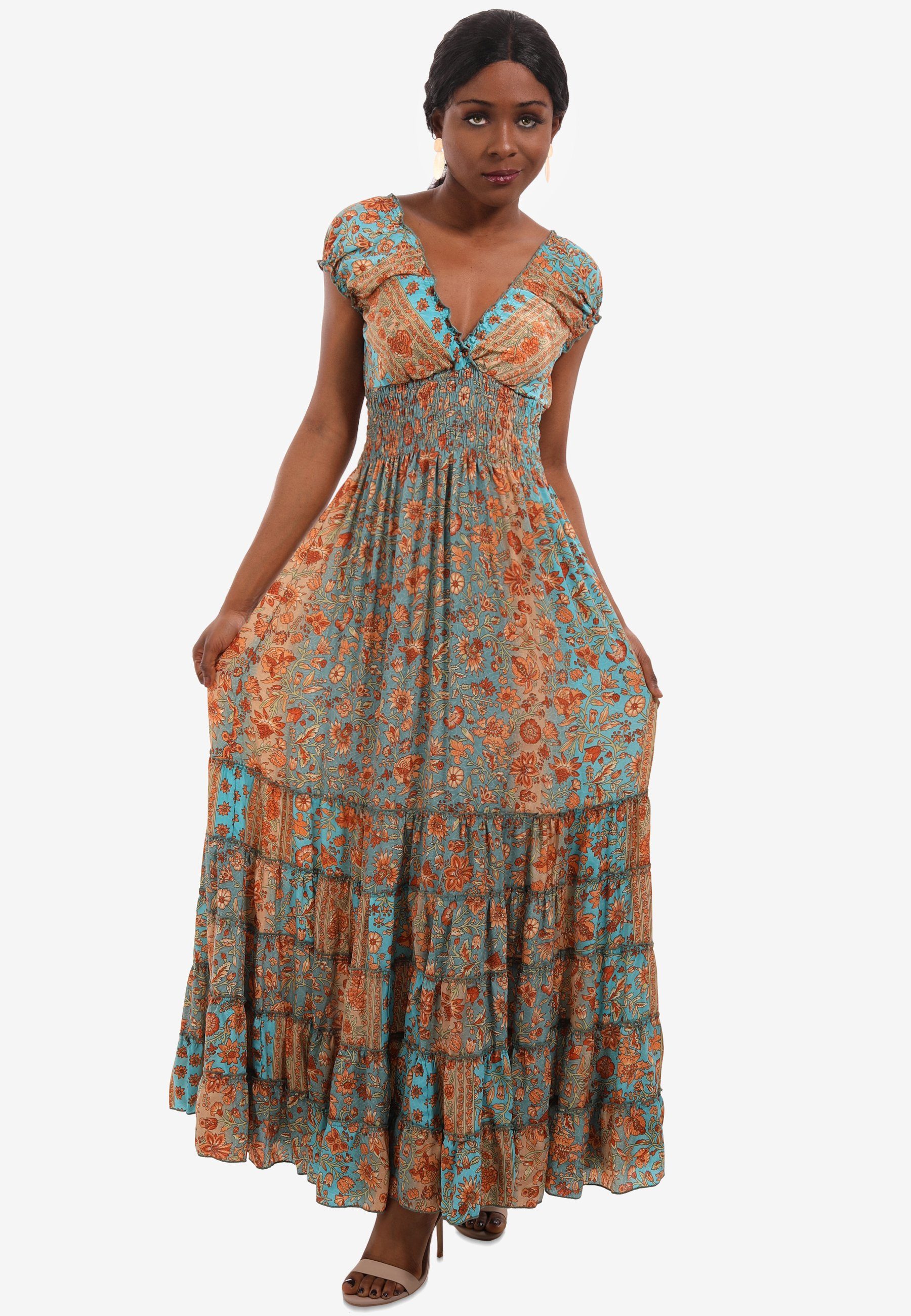 Maxikleid Boho Kleid mit Carmen Ausschnitt, Smockoberteil & Alloverprint
