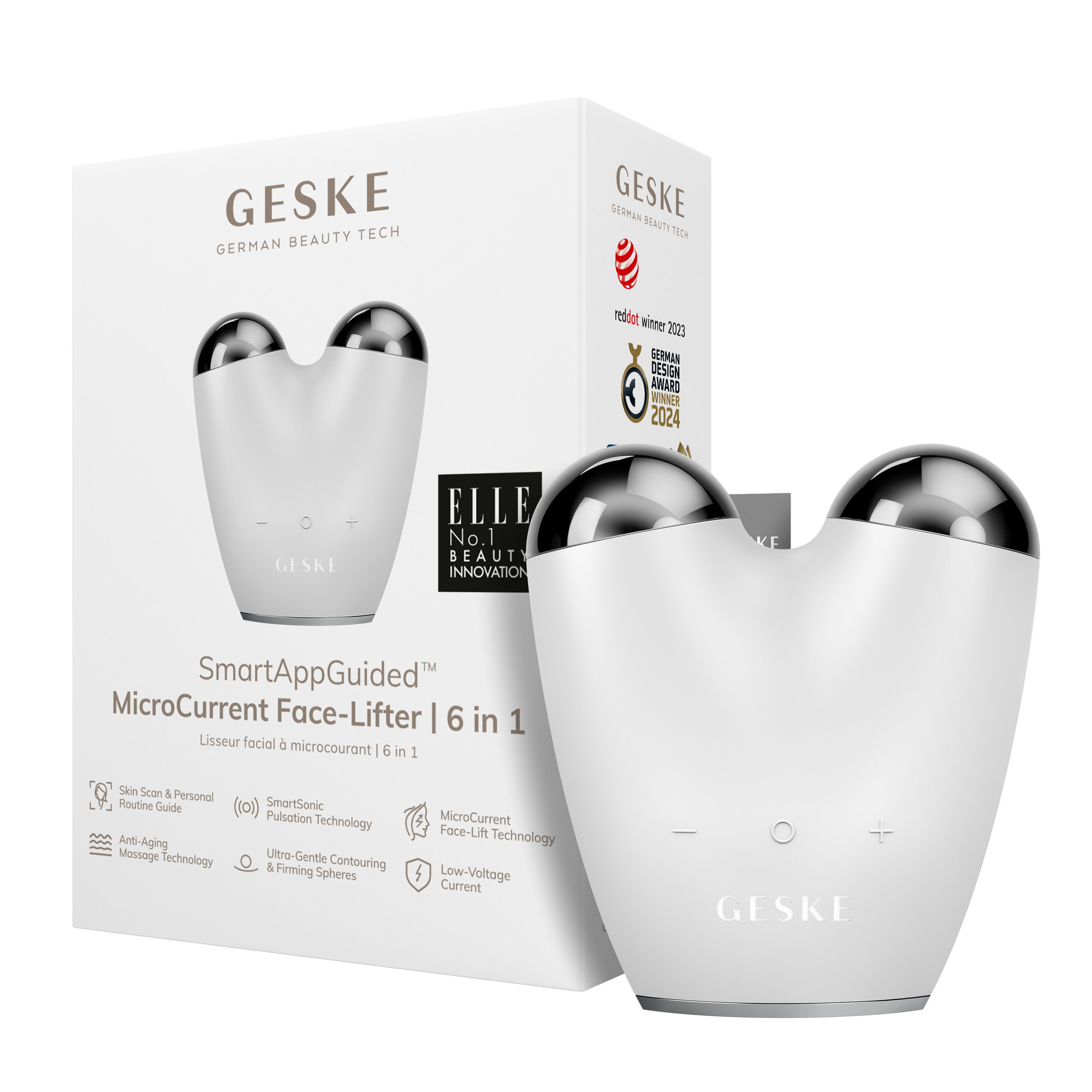 GESKE German Beauty Tech Enhancer SmartAppGuided™ MicroCurrent Face-Lifter 6 in 1, Packung (Gerät & USB-Ladekabel), 2-tlg., Gerät inkl. kostenloser APP (SmartAppGuided Device), Mit der GESKE App erhältst Du deine personalisierte Hautpflegeroutine.