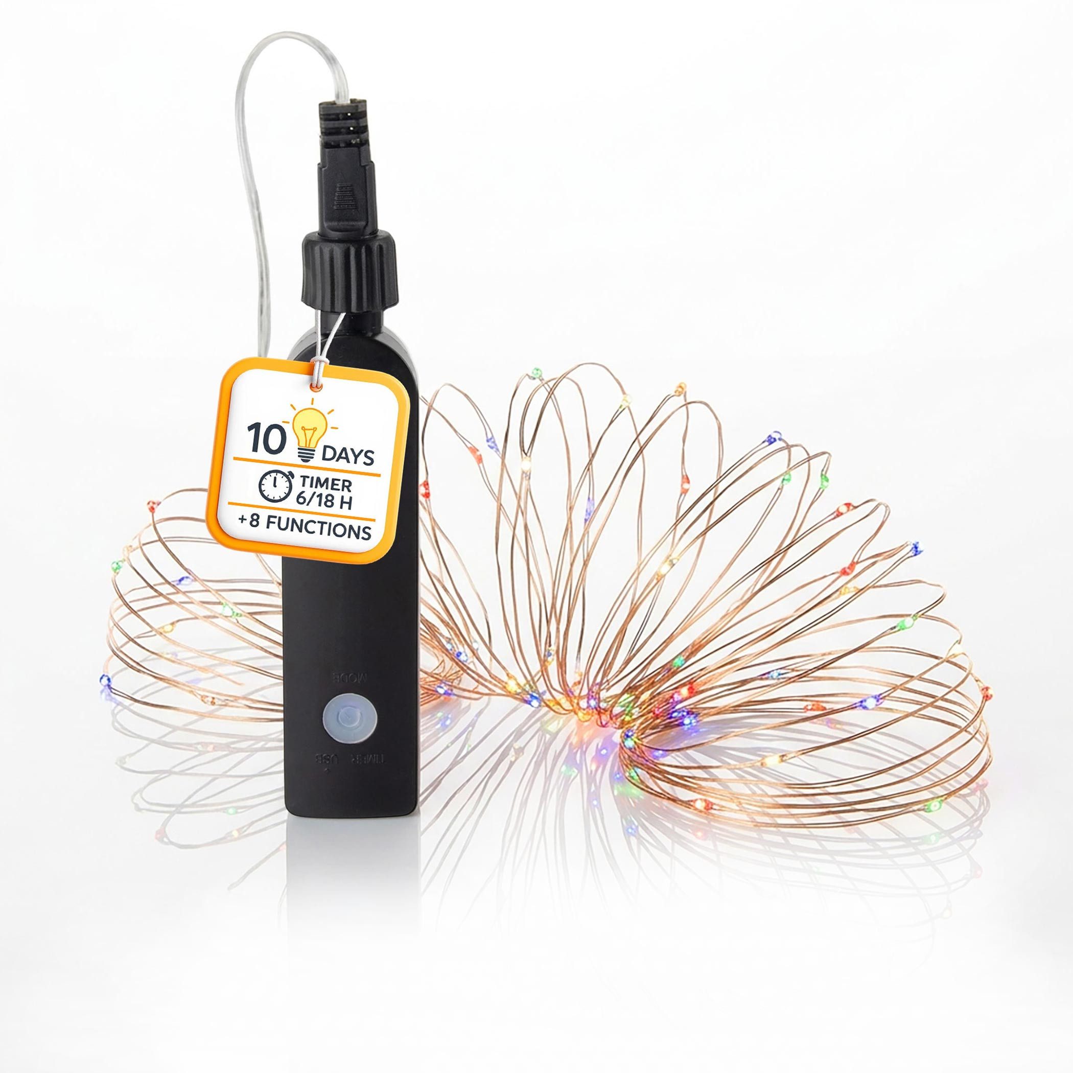 Spetebo LED-Lichterkette Draht Lichterkette mit Powerbank - 100 LED, 100-flammig, 8 Funktionen und Timer