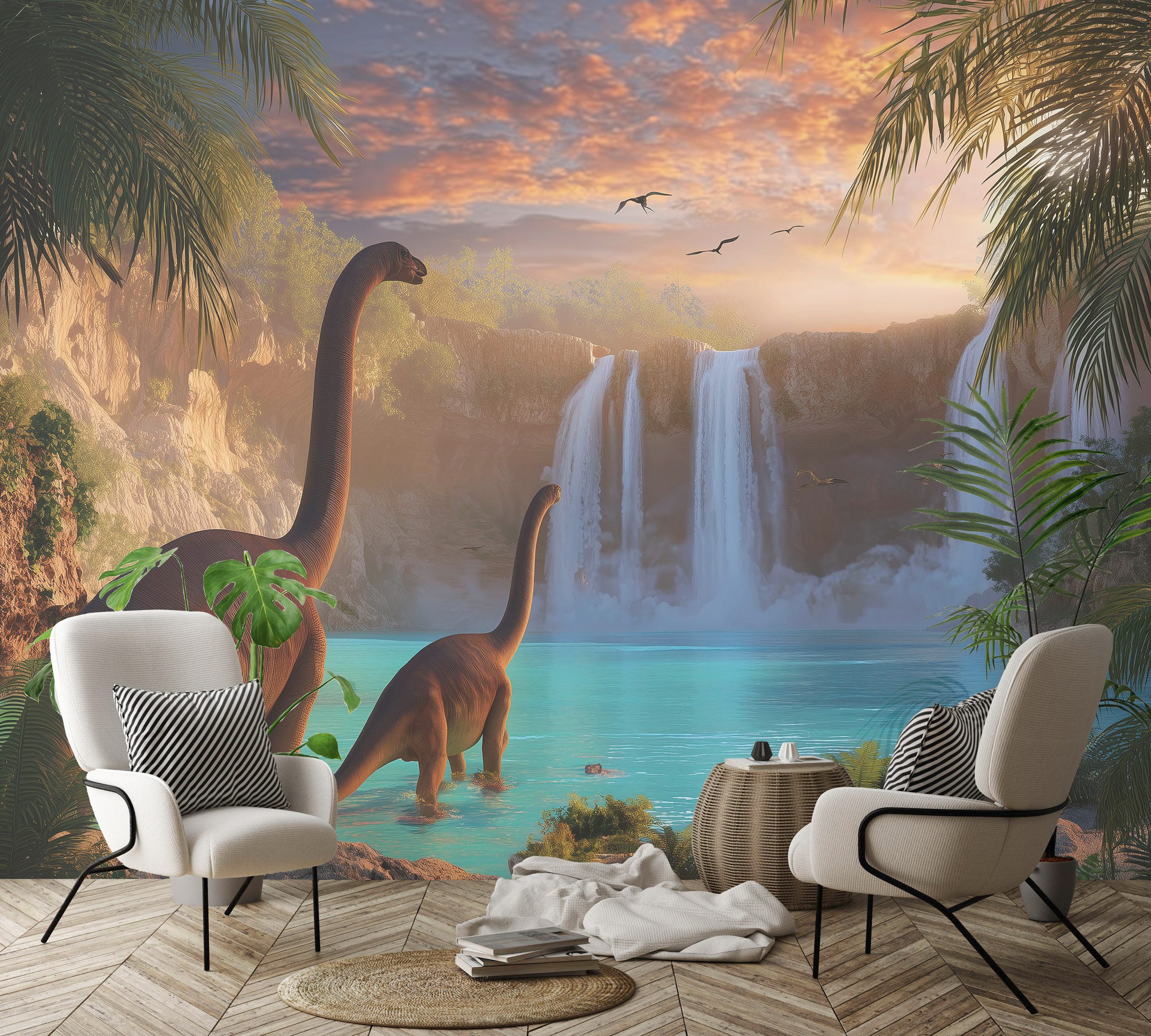 Wallarena Fototapete Kinderzimmer Dinosaurier Wasserfall Kinder Vlies Tapet günstig online kaufen