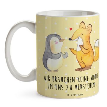 Mr. & Mrs. Panda Tasse Fuchs & Pinguin gehörlos - Gelb Pastell - Geschenk, Tasse, Geschenk T, Keramik, Einzigartiges Botschaft