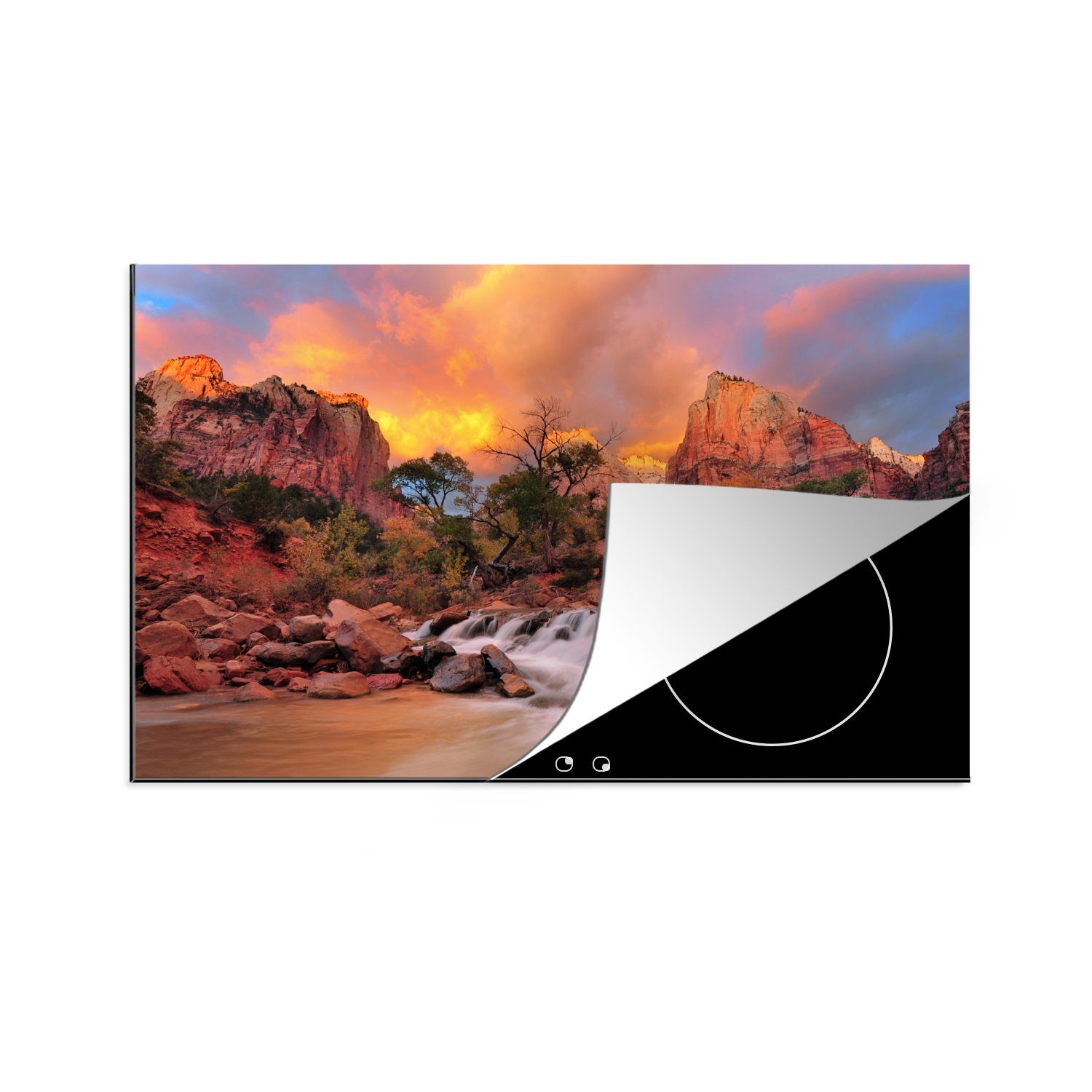 MuchoWow Herdblende-/Abdeckplatte Wasserfall in der Abendsonne im Zion National Park, Utah, Vinyl, (1 tlg), 81x52 cm, Induktionskochfeld Schutz für die küche, Ceranfeldabdeckung