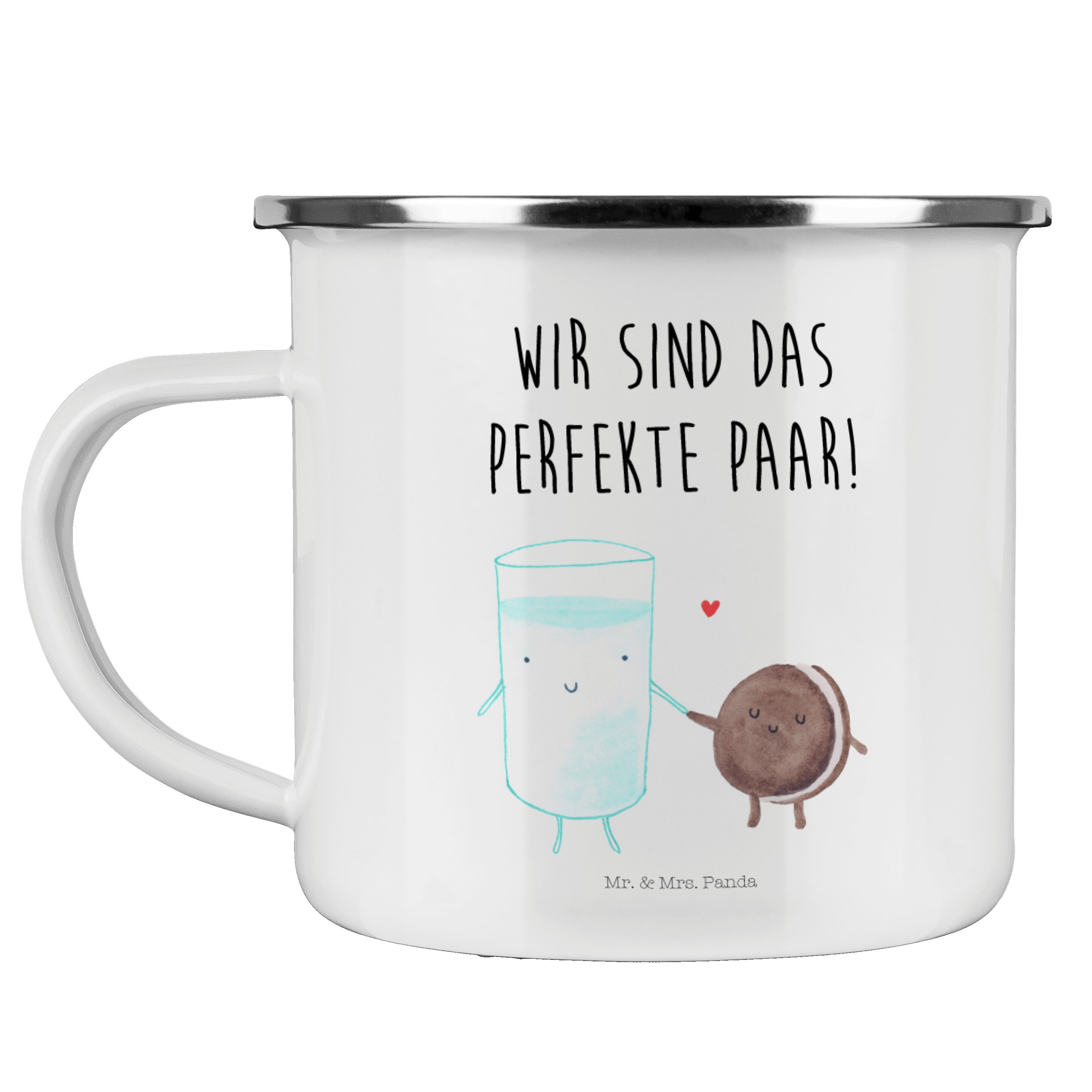 Mr. & Mrs. Panda Becher Milch & Keks - Weiß - Geschenk, lustige Sprüche, Blechtasse Outdoor, Emaille