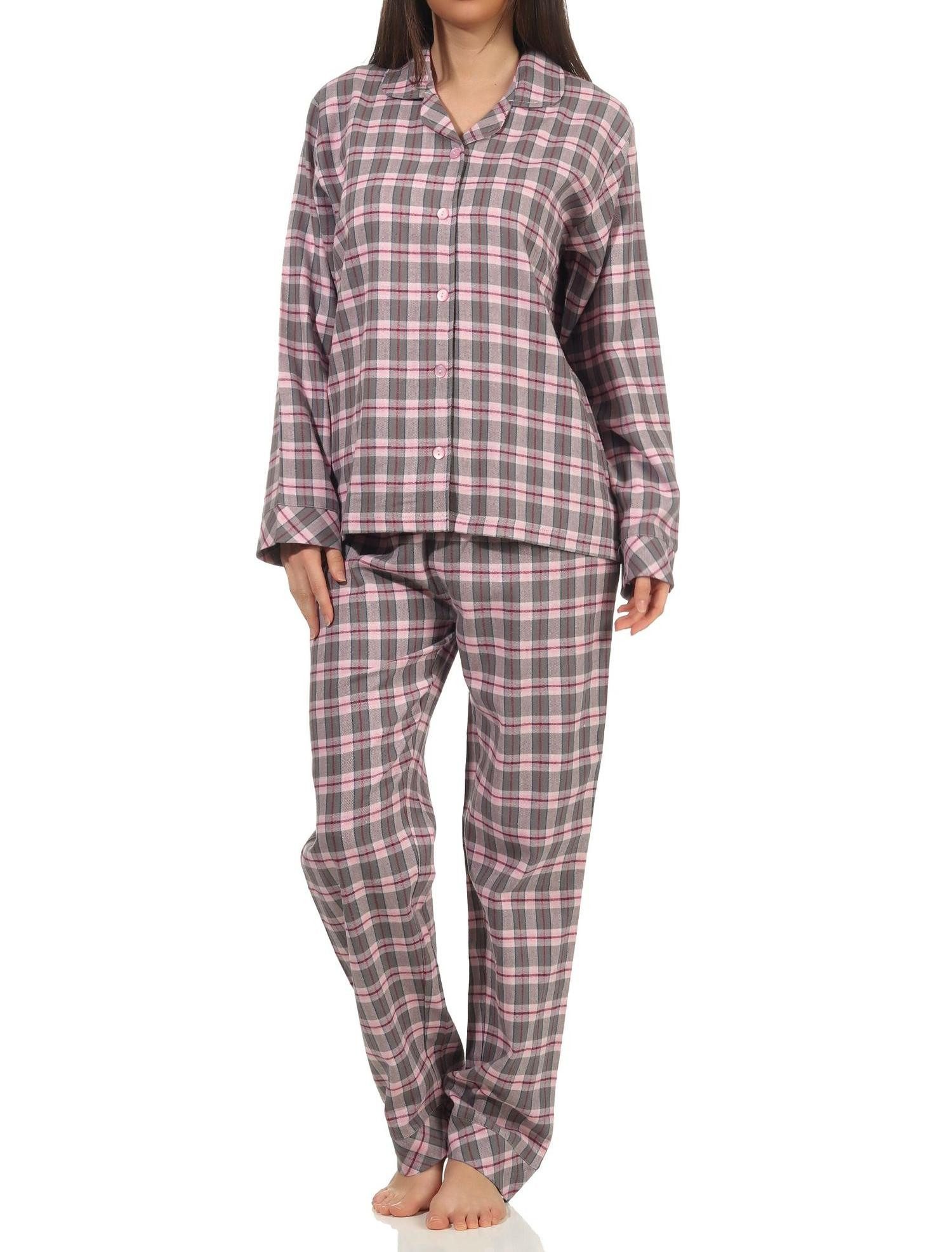 Relaxanzug Normann Damen Flanell Schlafanzug lang mit Knopfleiste und Hemdkragen