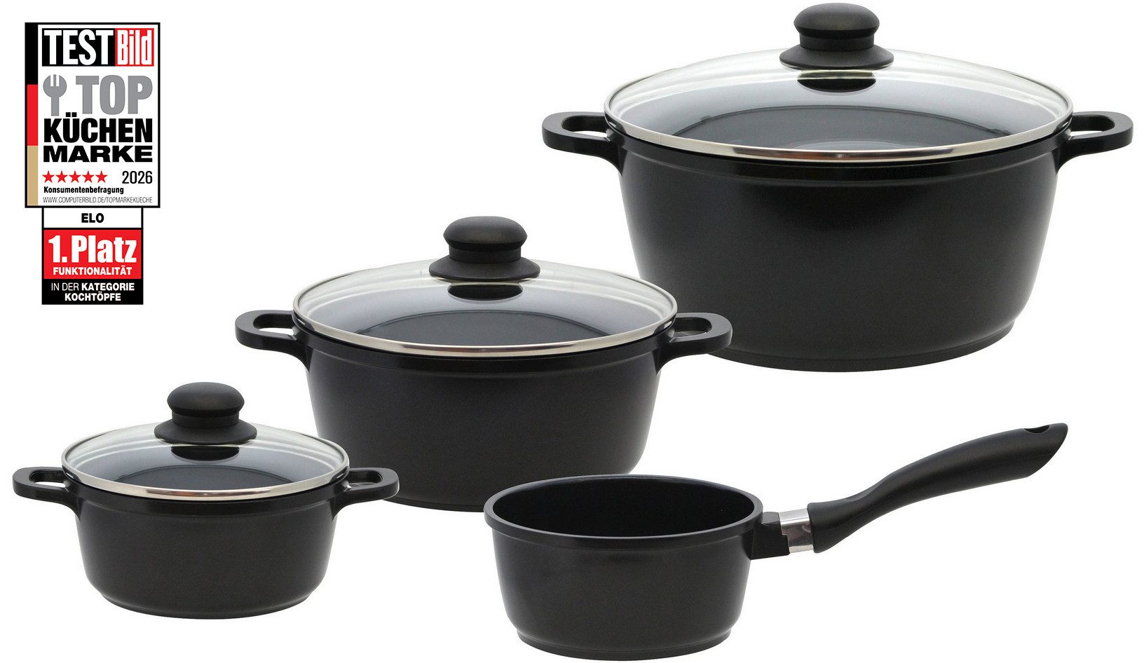 Elo Basic Topf-Set Black Cast, Aluminiumguss (Set, 7-tlg., 3 Töpfe mit Deckel, 1 Stielkasserolle), mit hochwertiger Antihaftversiegelung, Induktion