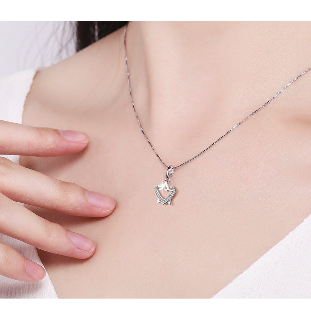 Limana Herzkette 925 Silber Herz Kette Damen 3in1 Stern Geschenk Freundin filigran (inkl. Geschenkdose), Liebe Schmuck für Frauen Ehefrau Liebesgeschenk