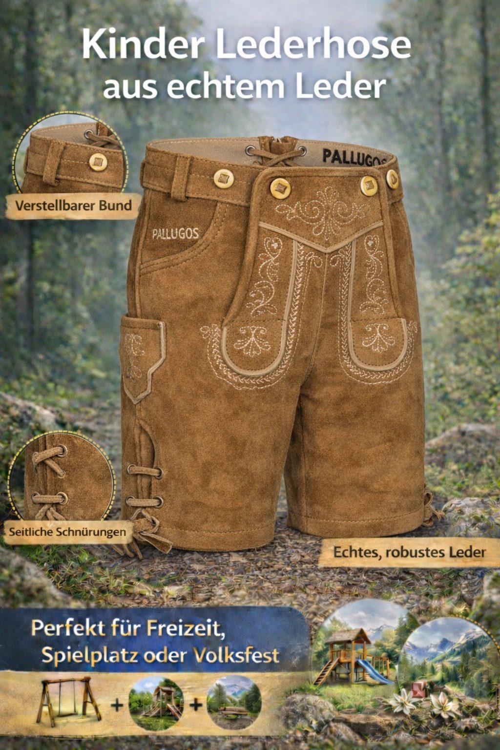 PAULGOS Trachtenhose Kinder Lederhose Kurz mit Trägern 100% Echtleder - KK1