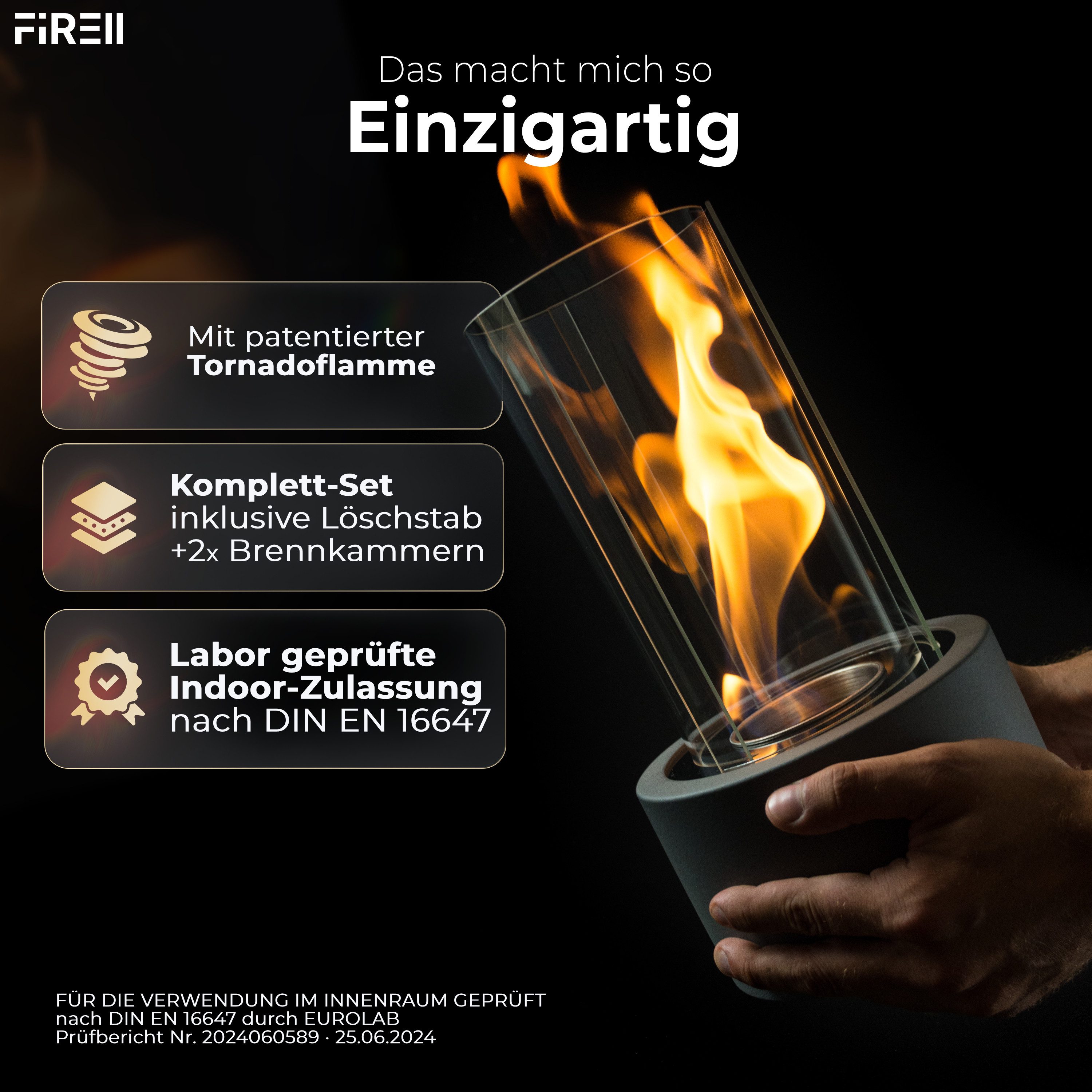 FIRELL Tischfeuer Ethanol Tischkamin Indoor & Outdoor Echtfeuer-Dekokamin (aus massivem Beton, Komplett-Set), Verstellbare Flamme, 2h Brenndauer, Patentierte Wi – Bild 3 von 5