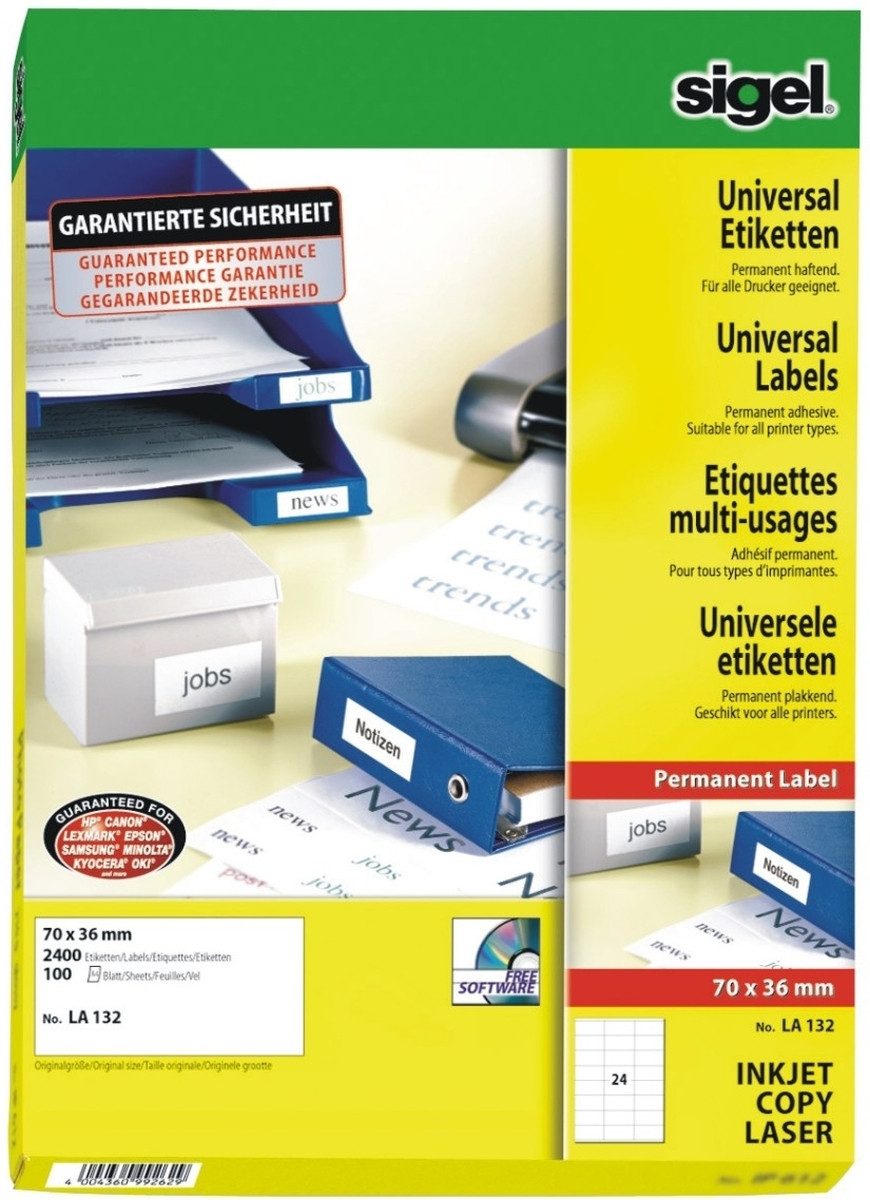 Sigel Etiketten Etiketten Inkjet/Laser Kopier 70x36mm VE=2400 Stück (100 Blatt) weiß