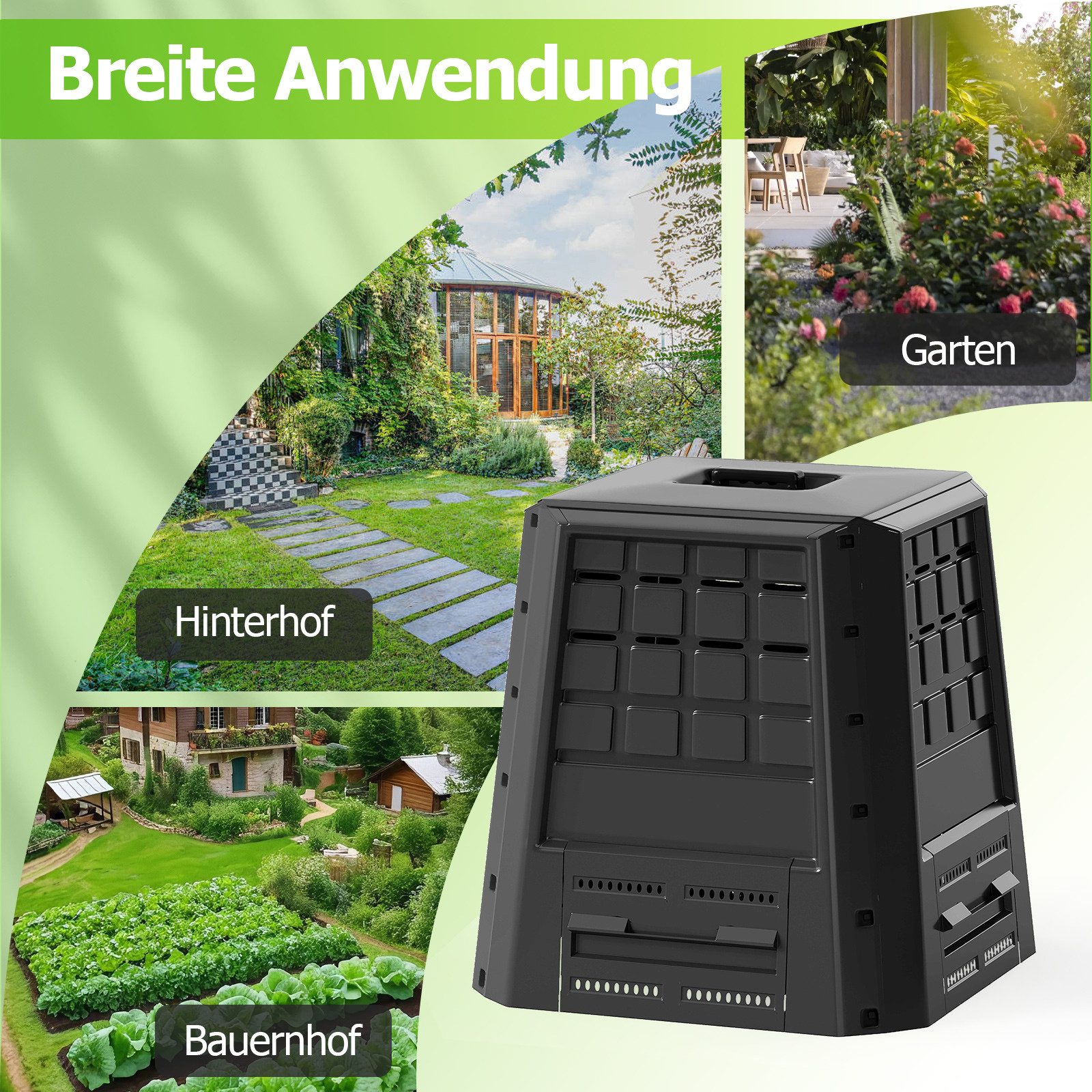 KOMFOTTEU Komposter, 380 l, Schnellkomposter mit Belüftung, Deckel & Tür