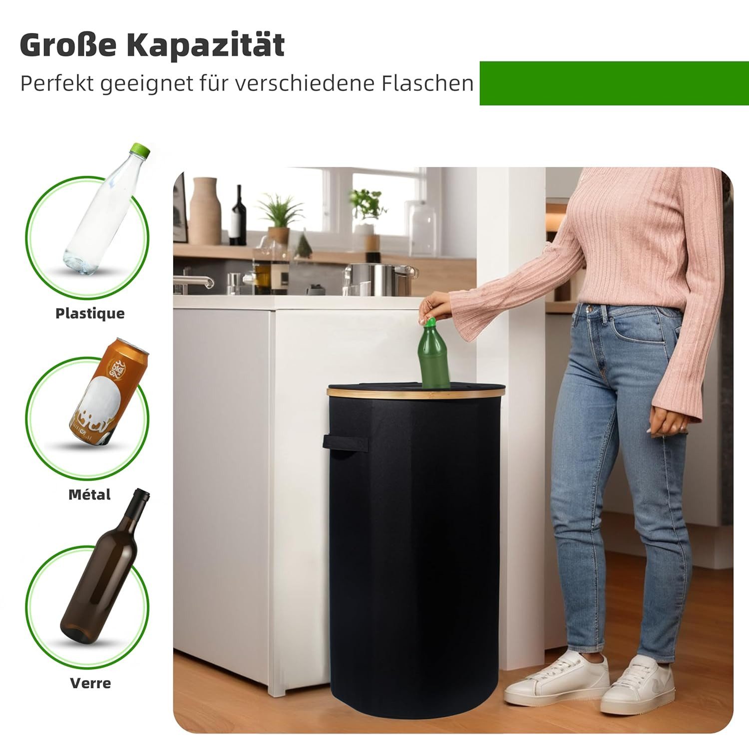 Zedelmaier Fangsack Pfandflaschen Auffangbehälter mit Deckel und XXL Tragetaschen, für Recycling, großes Fassungsvermögen für die Aufbewahrung, 100 l – Bild 4 von 5
